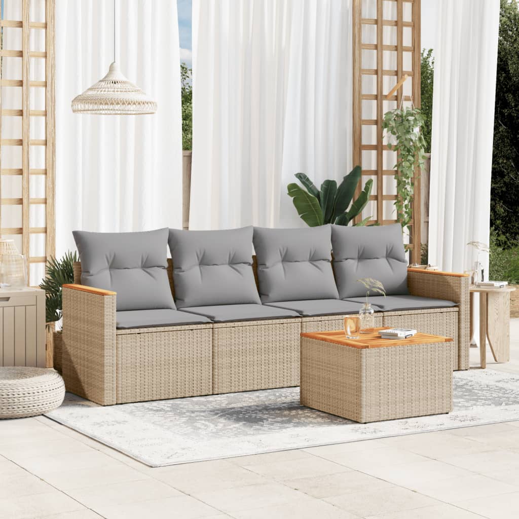 5 Pcs conj. sofás jardim c/ almofadões vime PE bege misturado