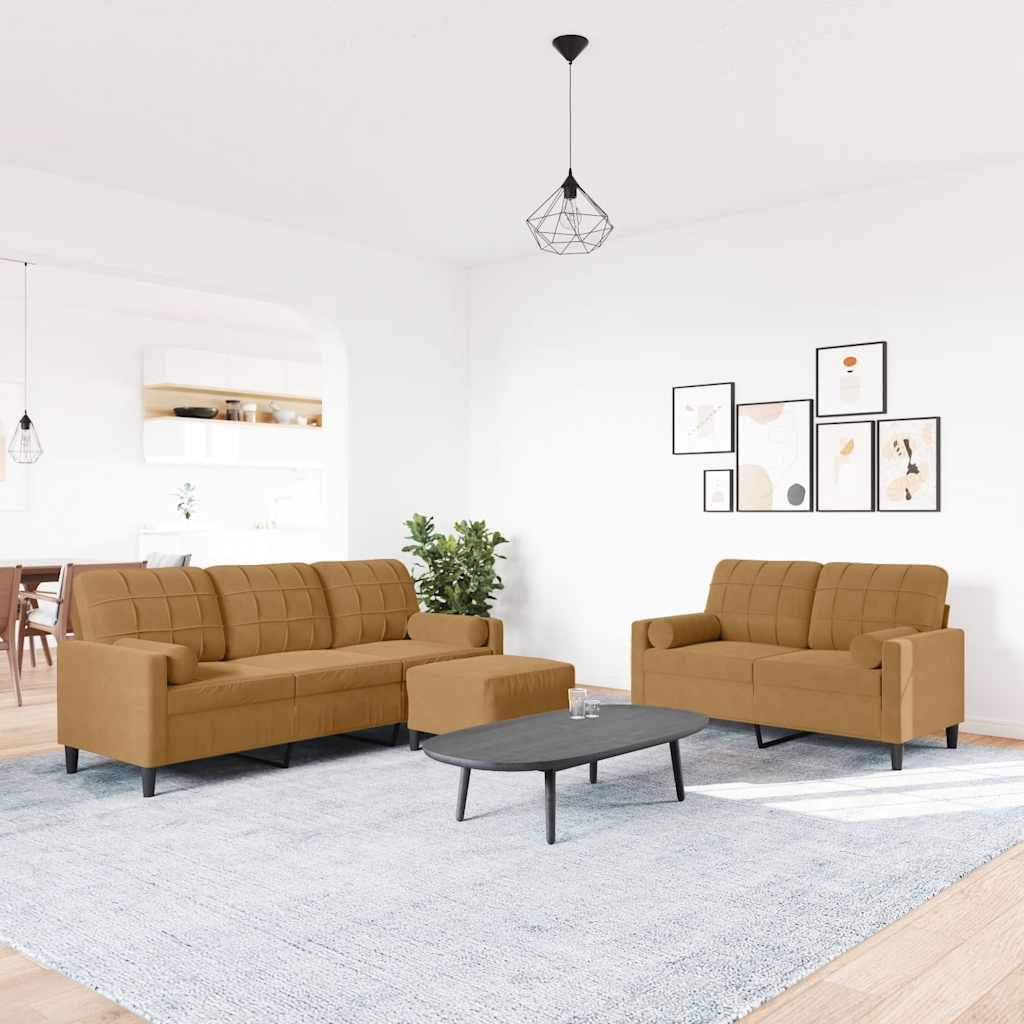 3 Pcs conjunto de sofás com almofadões e rolos veludo castanho