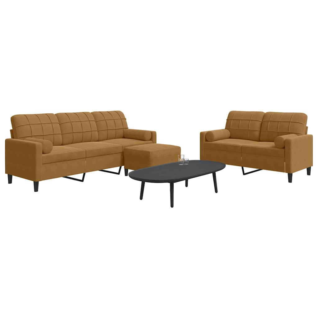3 Pcs conjunto de sofás com almofadões e rolos veludo castanho
