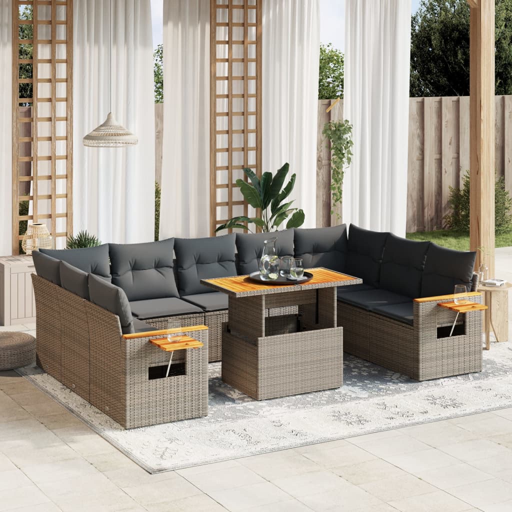 11 Pcs conjunto sofás de jardim c/ almofadões vime PE cinzento