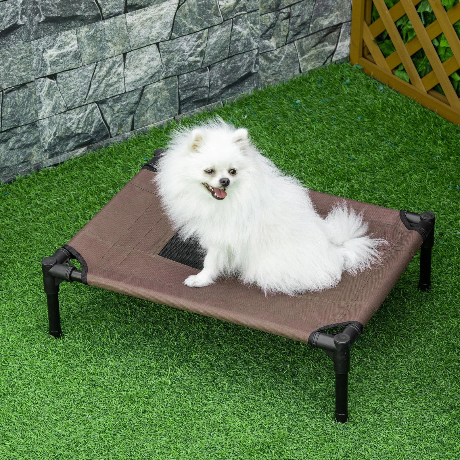 Cama para Animais de Estimação Cama Elevada para Cães Gatos Portátil Tecido Transpirável para Exterior Interior 64x46x18cm Marro