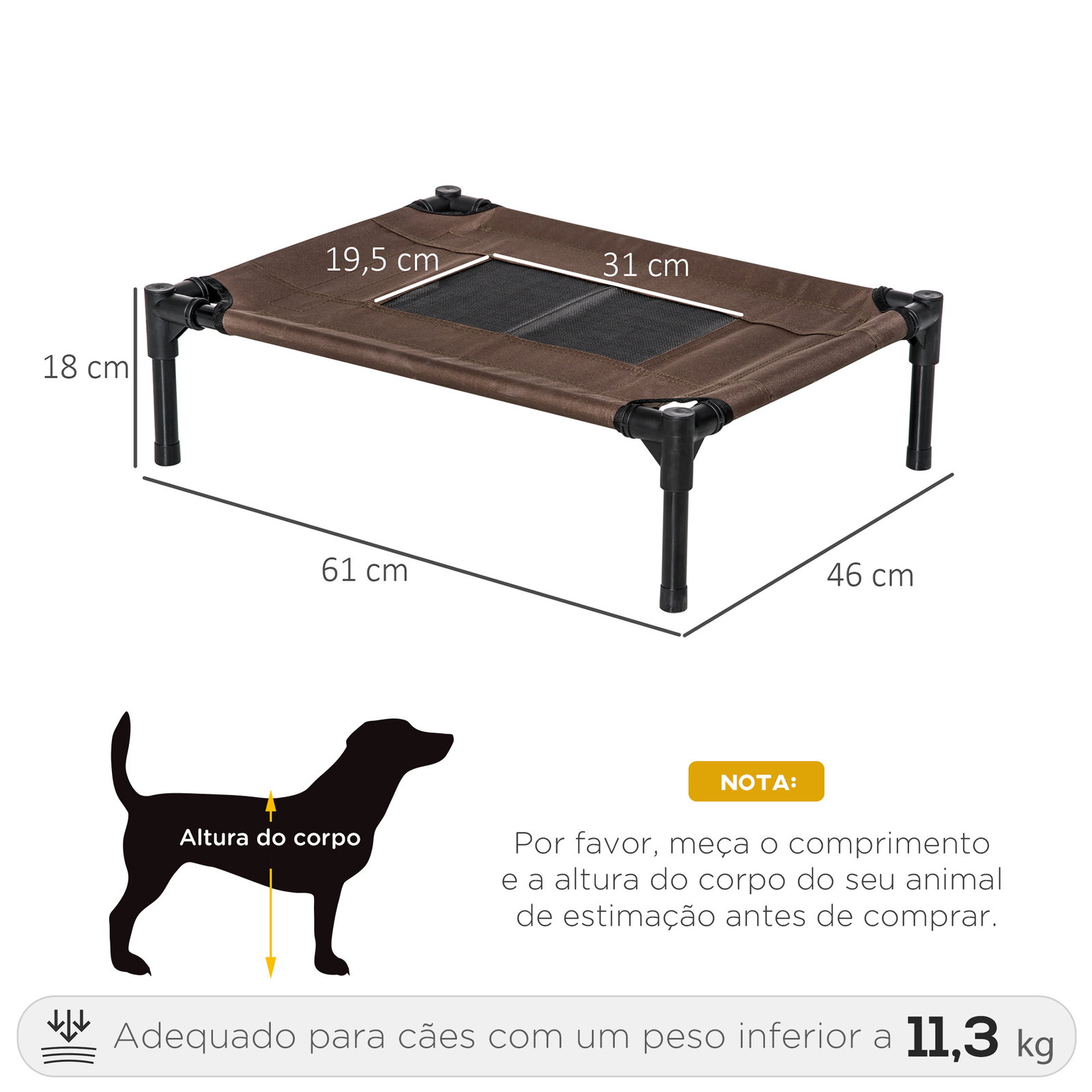 Cama para Animais de Estimação Cama Elevada para Cães Gatos Portátil Tecido Transpirável para Exterior Interior 64x46x18cm Marro