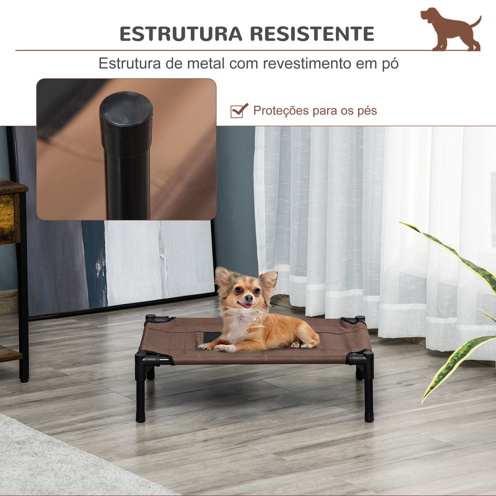 Cama para Animais de Estimação Cama Elevada para Cães Gatos Portátil Tecido Transpirável para Exterior Interior 64x46x18cm Marro