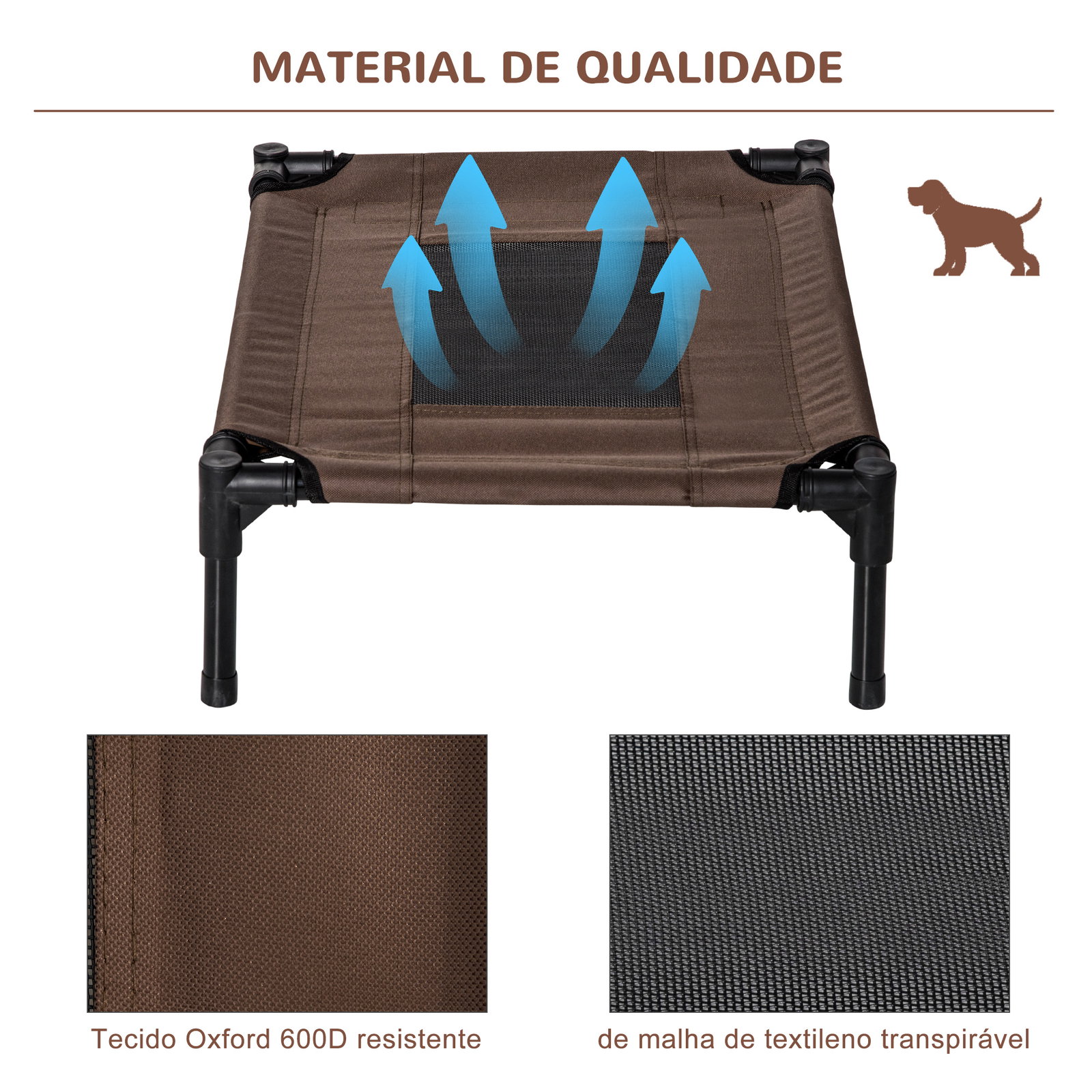 Cama para Animais de Estimação Cama Elevada para Cães Gatos Portátil Tecido Transpirável para Exterior Interior 64x46x18cm Marro