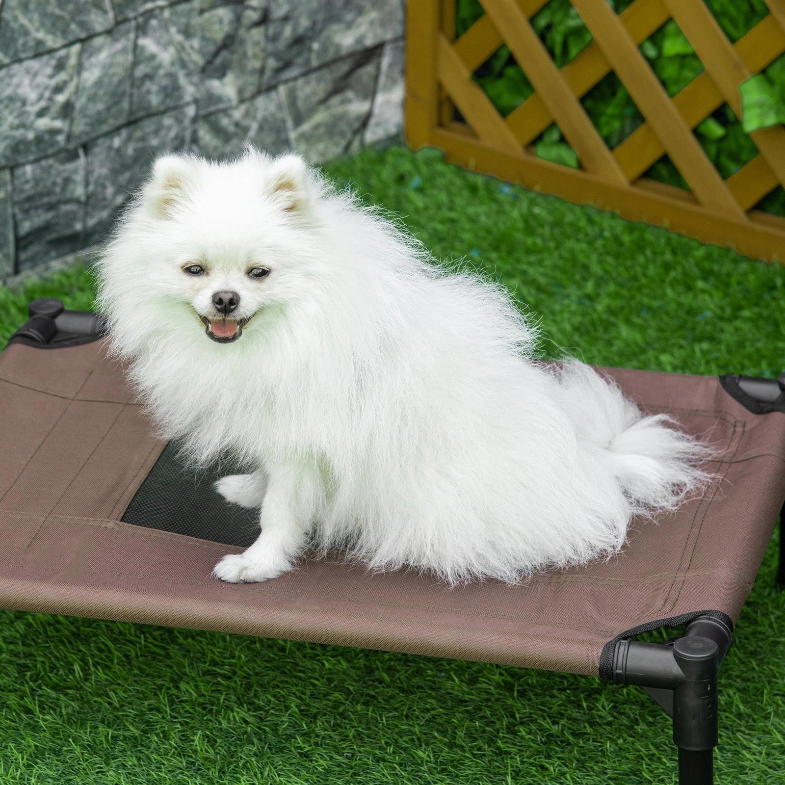 Cama para Animais de Estimação Cama Elevada para Cães Gatos Portátil Tecido Transpirável para Exterior Interior 64x46x18cm Marro