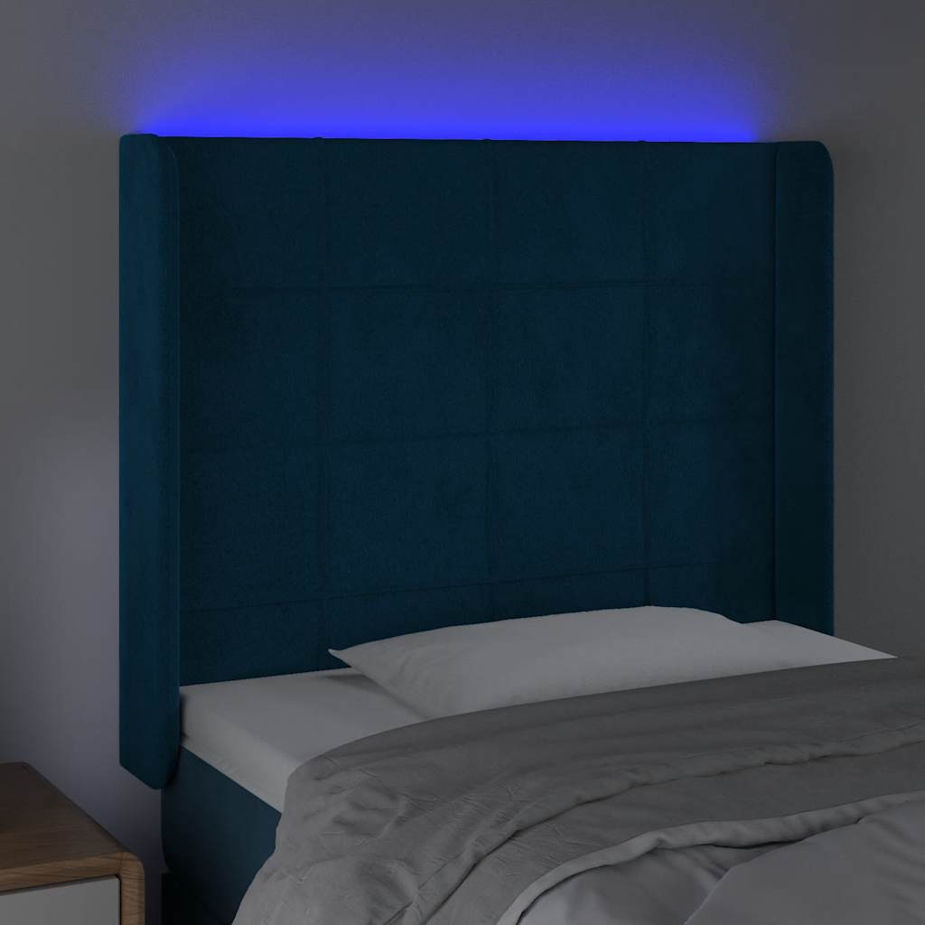 Cabeceira cama c/ luzes LED veludo 103x16x118/128cm azul-escuro