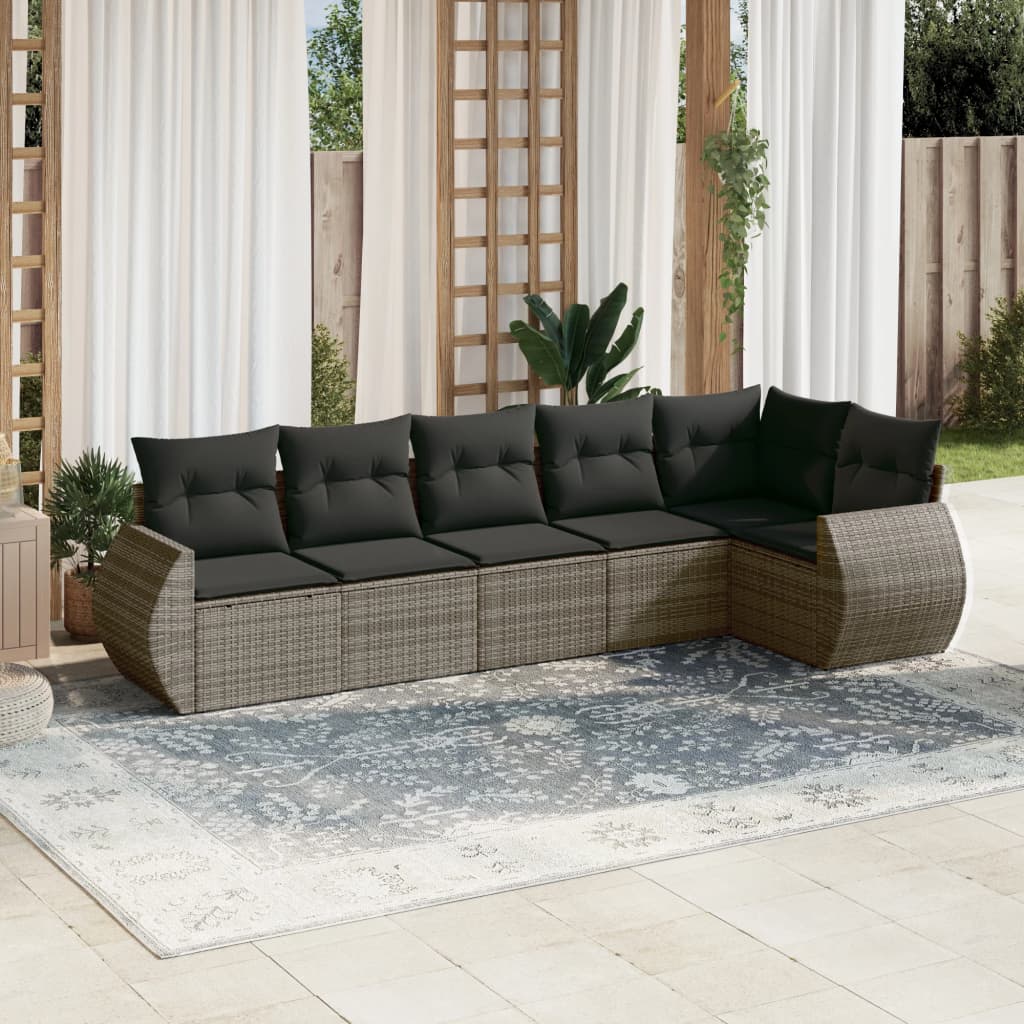 6 Pcs conjunto sofás de jardim com almofadões vime cinzento