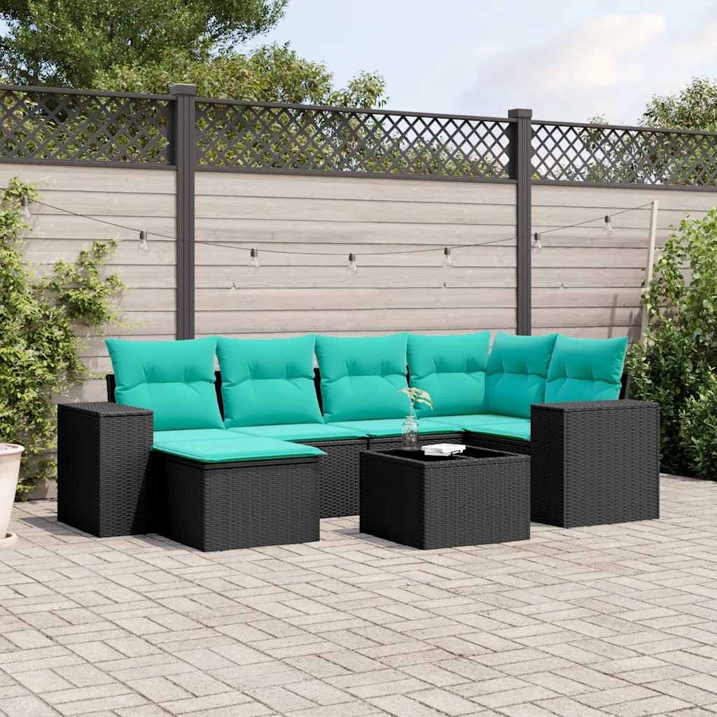 Conjunto de sofá de jardim com 7 peças e almofadas em rattan sintético preto