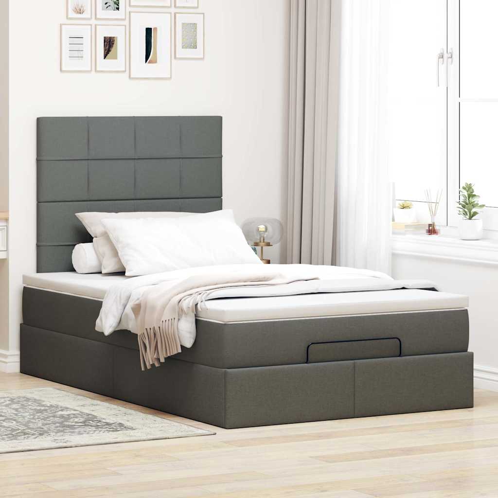 Estrutura de cama otomana com colchão cinza escuro tecido