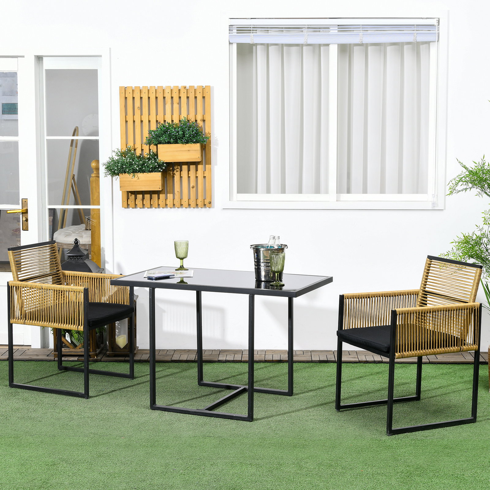 Conjunto de 3 peças de jardim com 2 cadeiras de vime com encosto dobrável e almofadas e mesa de vidro natural e preto