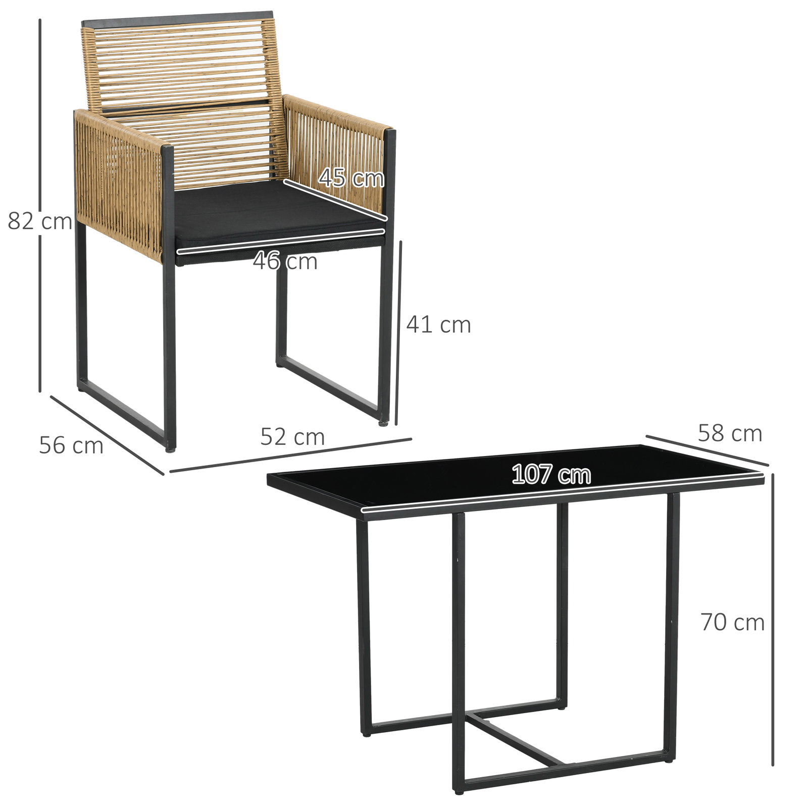 Conjunto de 3 peças de jardim com 2 cadeiras de vime com encosto dobrável e almofadas e mesa de vidro natural e preto