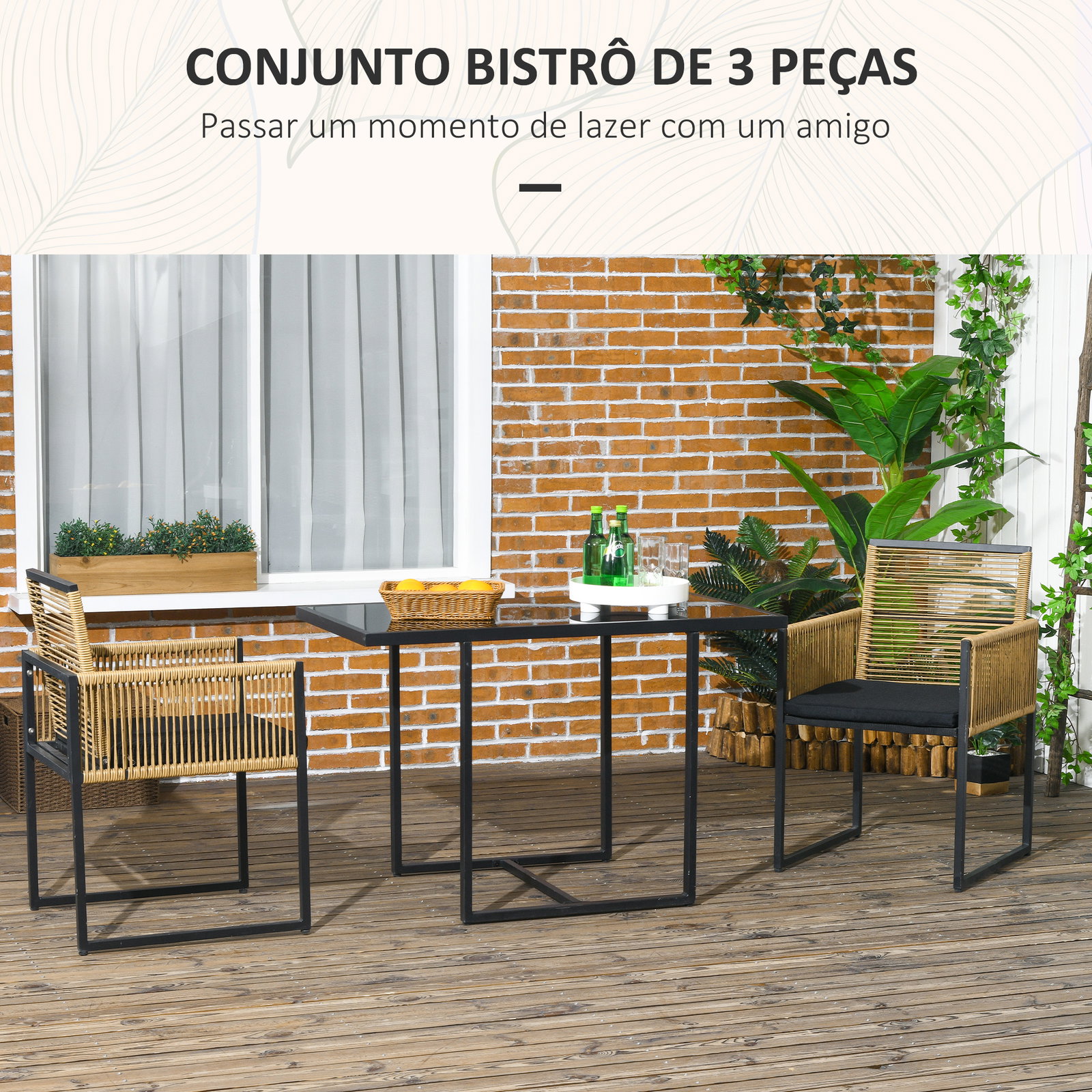 Conjunto de 3 peças de jardim com 2 cadeiras de vime com encosto dobrável e almofadas e mesa de vidro natural e preto