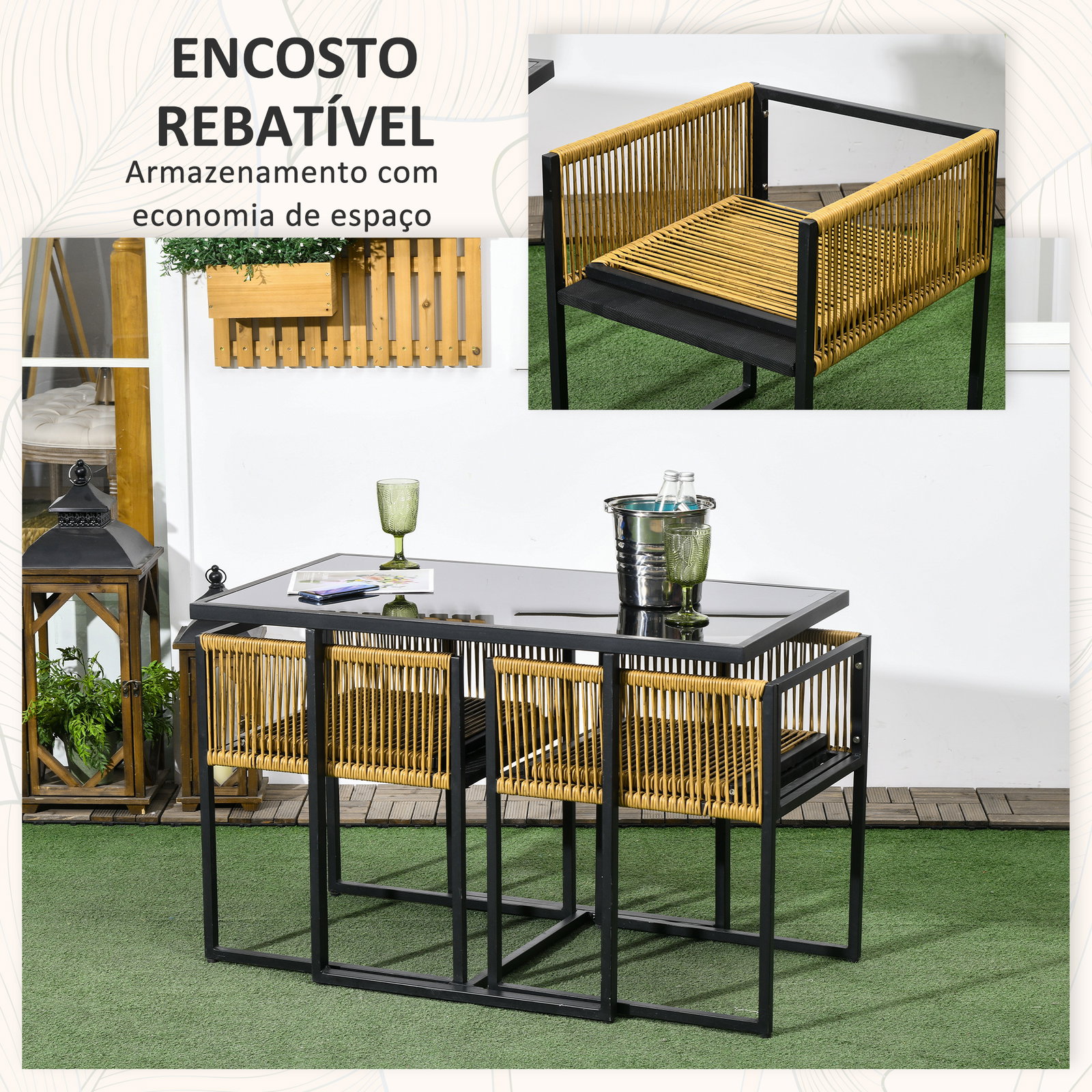 Conjunto de 3 peças de jardim com 2 cadeiras de vime com encosto dobrável e almofadas e mesa de vidro natural e preto