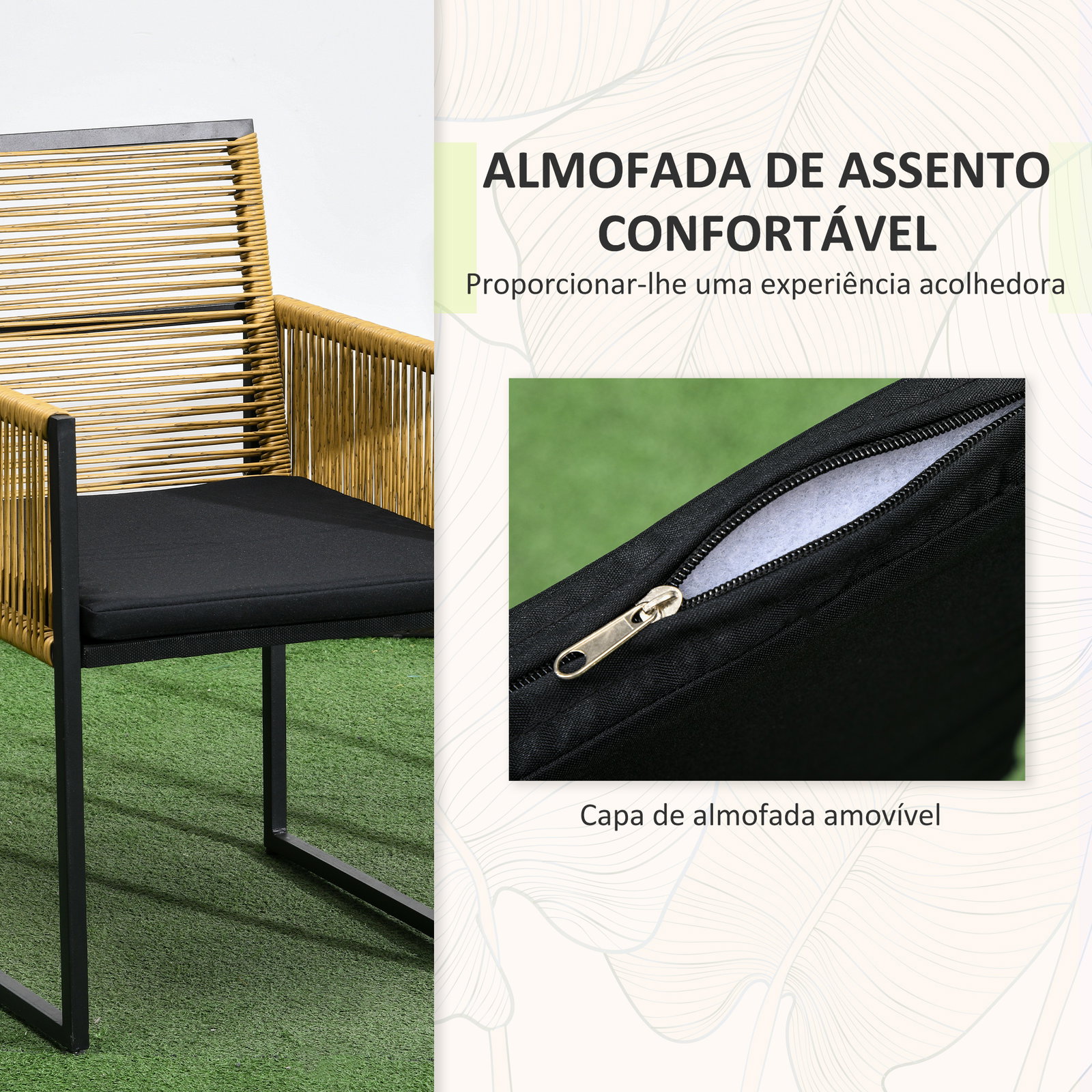 Conjunto de 3 peças de jardim com 2 cadeiras de vime com encosto dobrável e almofadas e mesa de vidro natural e preto