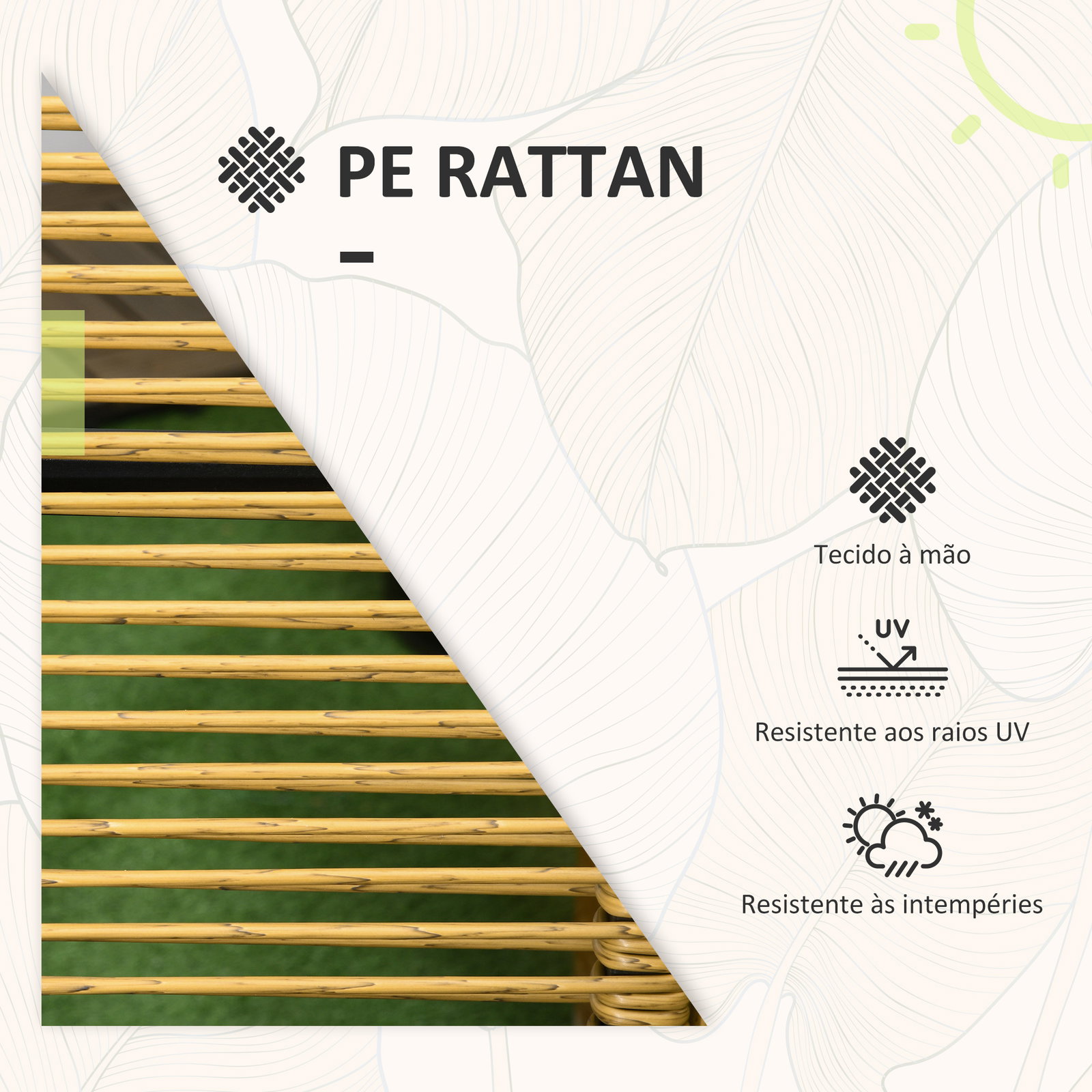 Conjunto de 3 peças de jardim com 2 cadeiras de vime com encosto dobrável e almofadas e mesa de vidro natural e preto