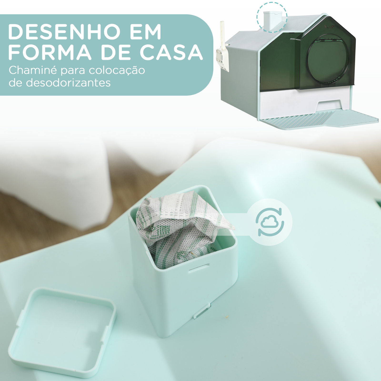 Caixa de areia fechada para gatos com bandeja amovível pá e filtro desodorizante 47x45x42 cm azul claro