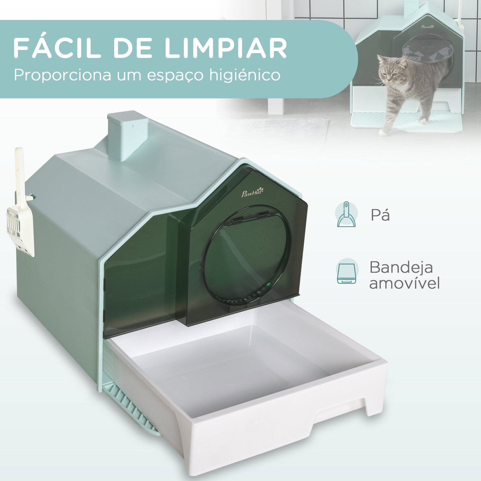 Caixa de areia fechada para gatos com bandeja amovível pá e filtro desodorizante 47x45x42 cm azul claro
