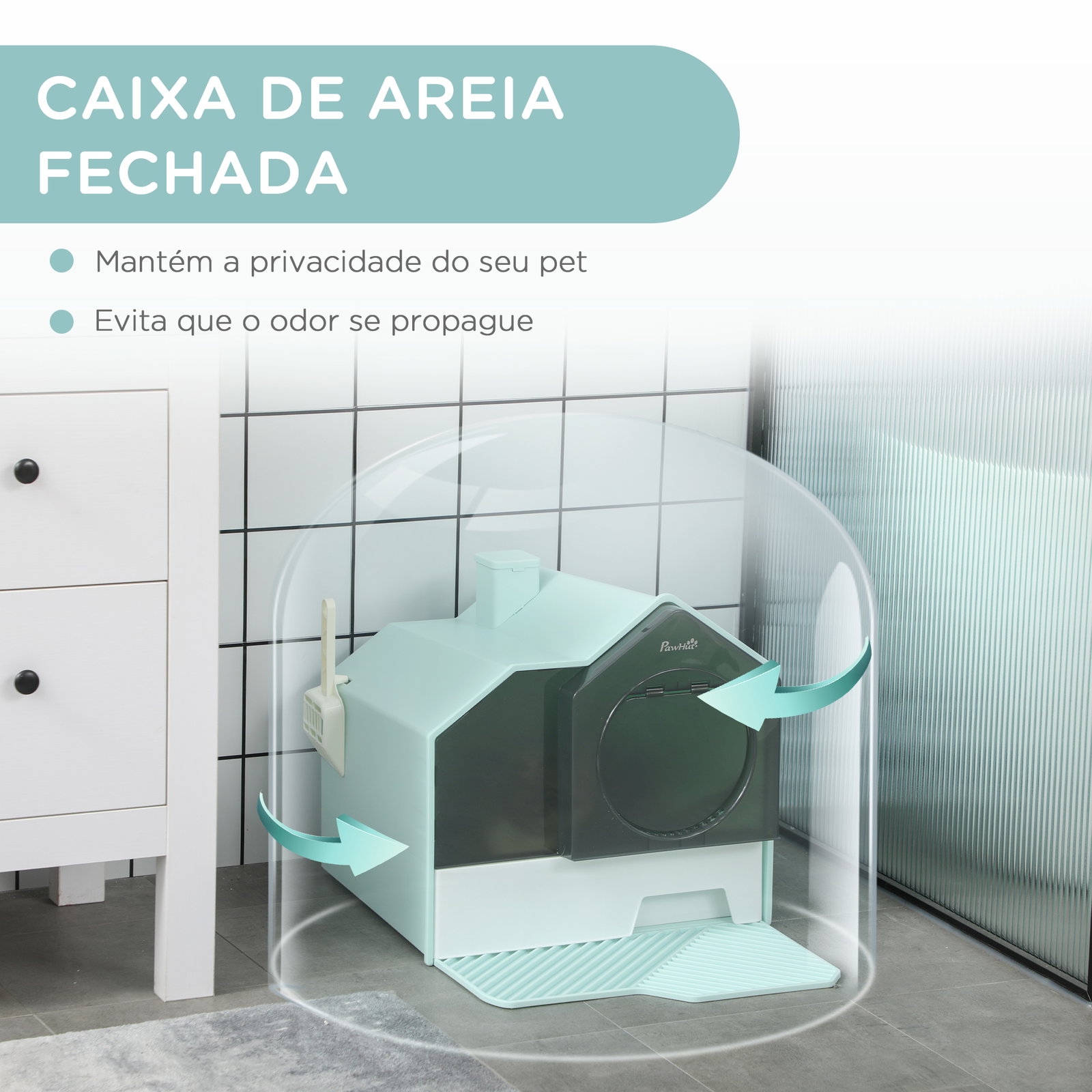 Caixa de areia fechada para gatos com bandeja amovível pá e filtro desodorizante 47x45x42 cm azul claro
