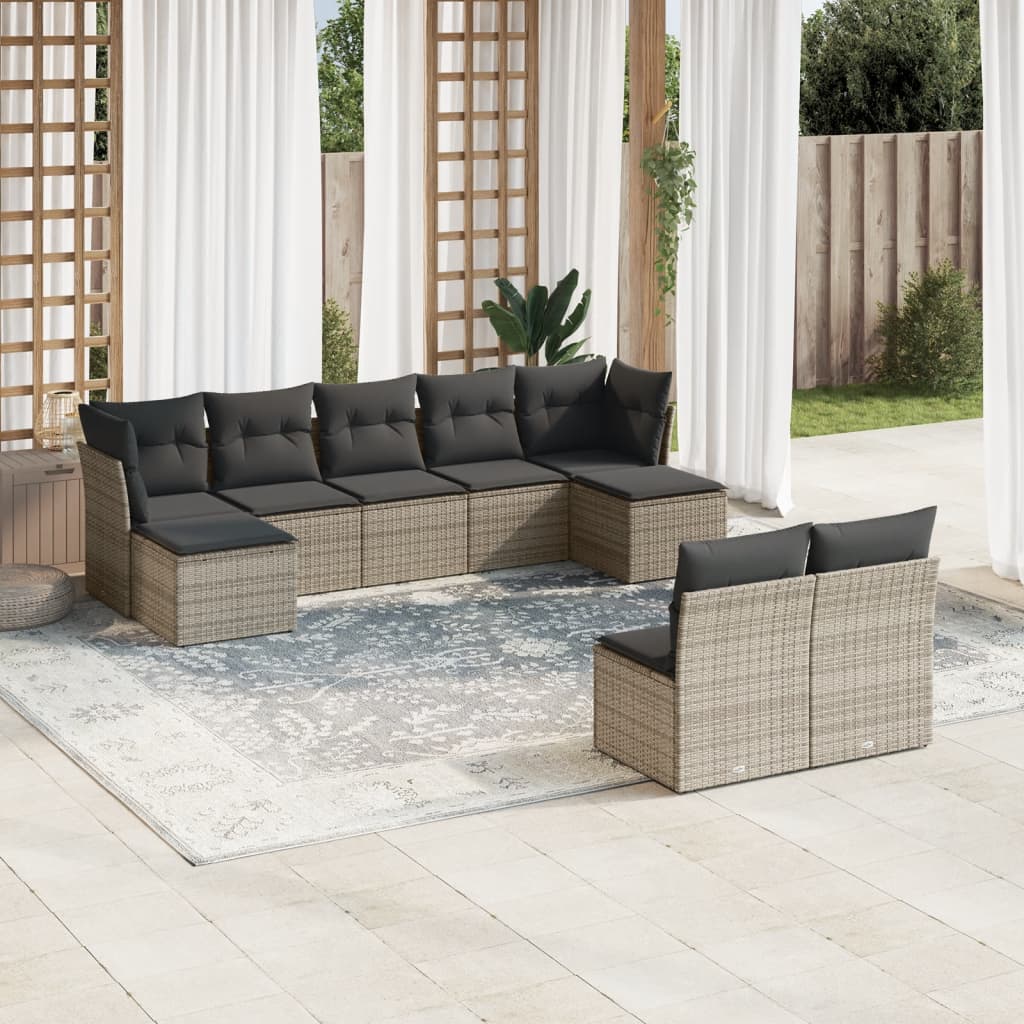 9 Pcs conjunto sofás p/ jardim com almofadões vime PE cinzento