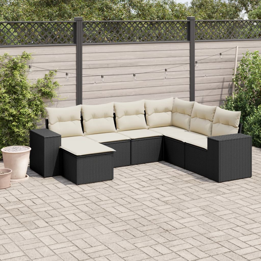 7 Pcs conjunto de sofás p/ jardim c/ almofadões vime PE preto