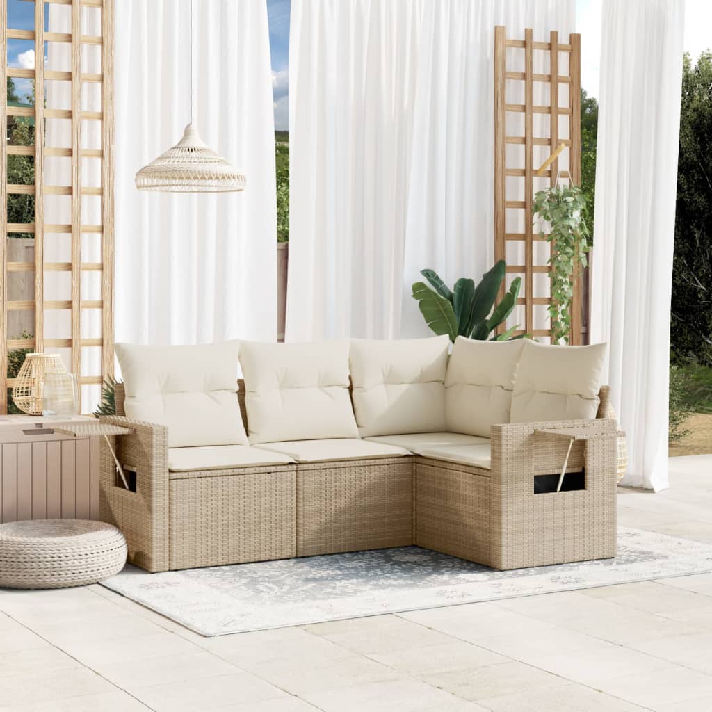 4 Pcs conjunto de sofás para jardim c/ almofadões vime PE bege