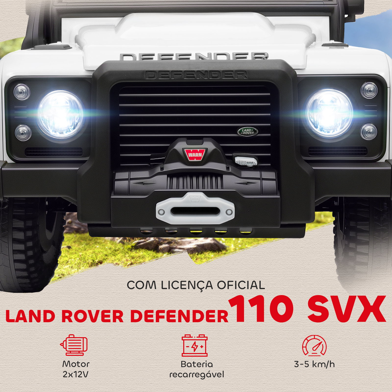 Carro elétrico para crianças com licença land rover 12v controlo remoto sistema de suspensão USB mp3 velocidade ajustável faróis 115x61x61 cm branco
