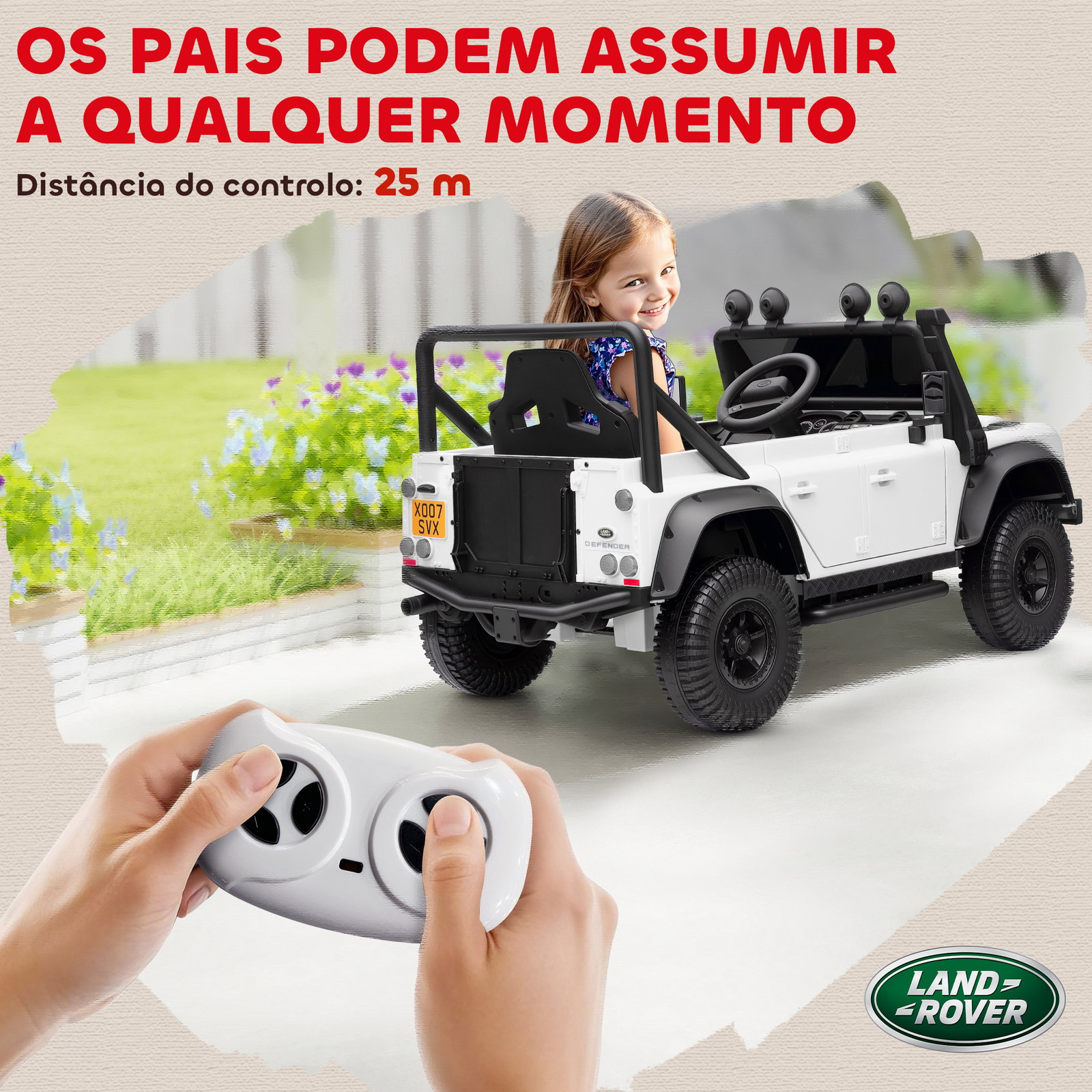 Carro elétrico para crianças com licença land rover 12v controlo remoto sistema de suspensão USB mp3 velocidade ajustável faróis 115x61x61 cm branco