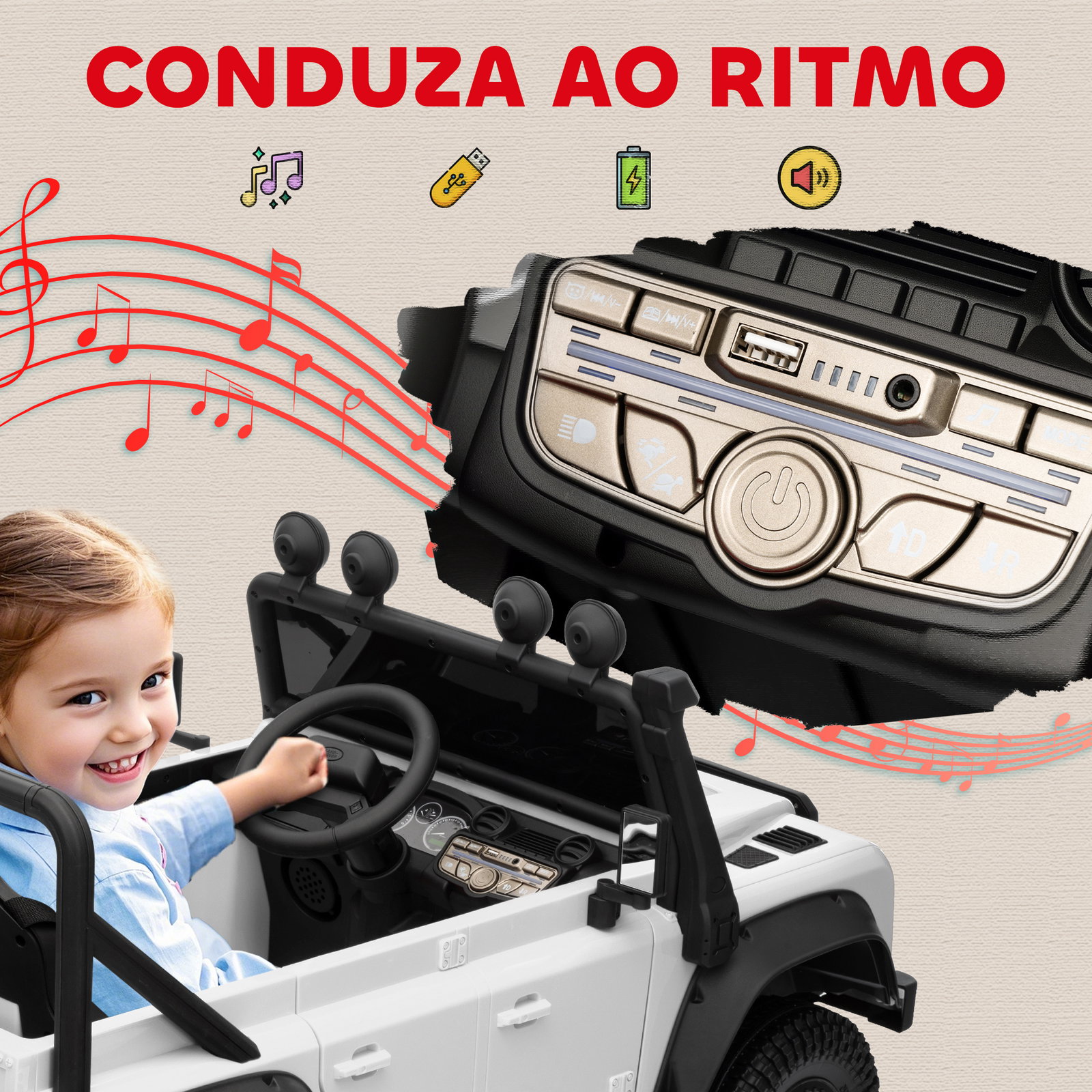 Carro elétrico para crianças com licença land rover 12v controlo remoto sistema de suspensão USB mp3 velocidade ajustável faróis 115x61x61 cm branco