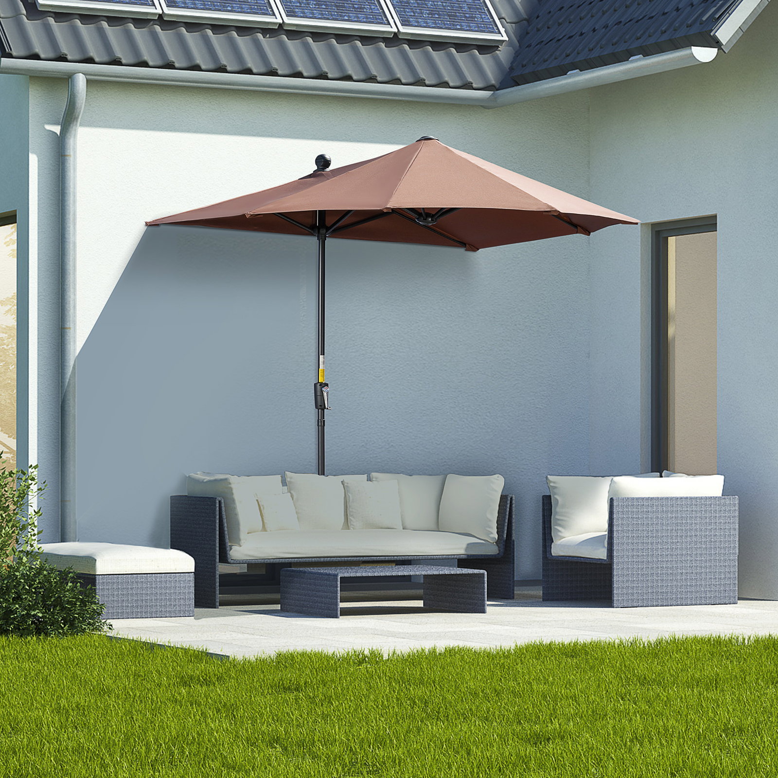 Chapéu de sol de parede 200x190x240 cm com manivela poste de aço e base cruzada anti-UV para terraço varanda castanho