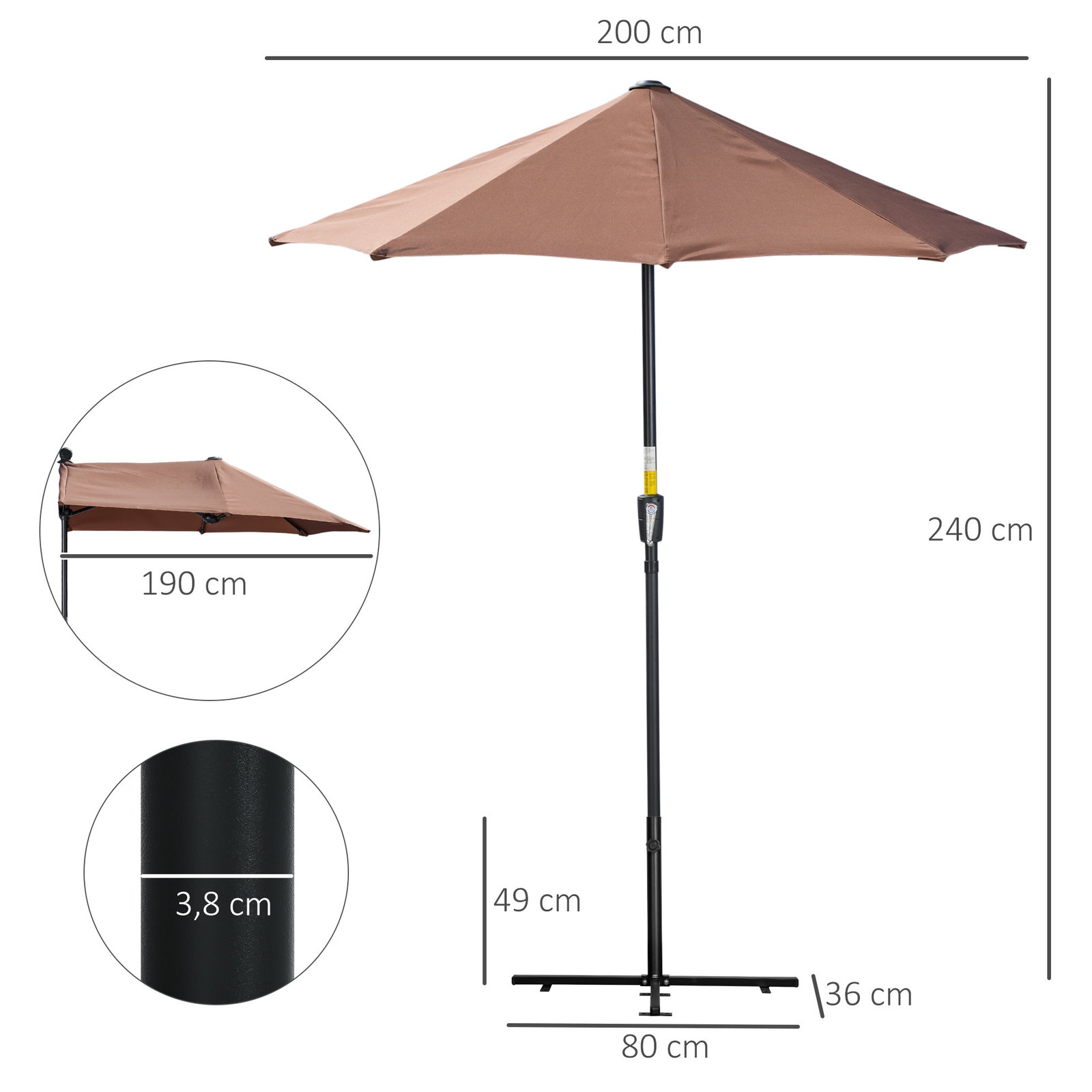 Chapéu de sol de parede 200x190x240 cm com manivela poste de aço e base cruzada anti-UV para terraço varanda castanho