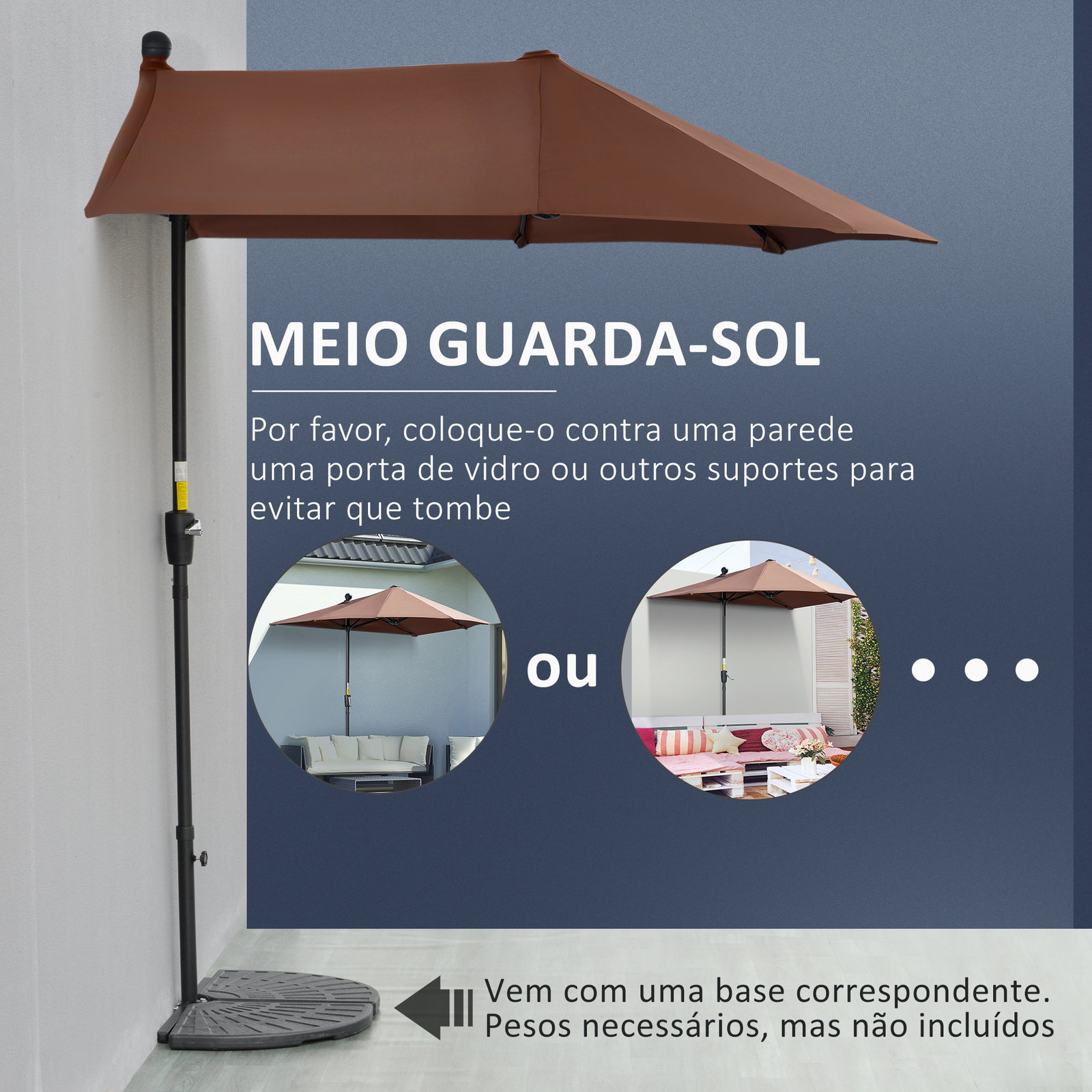 Chapéu de sol de parede 200x190x240 cm com manivela poste de aço e base cruzada anti-UV para terraço varanda castanho