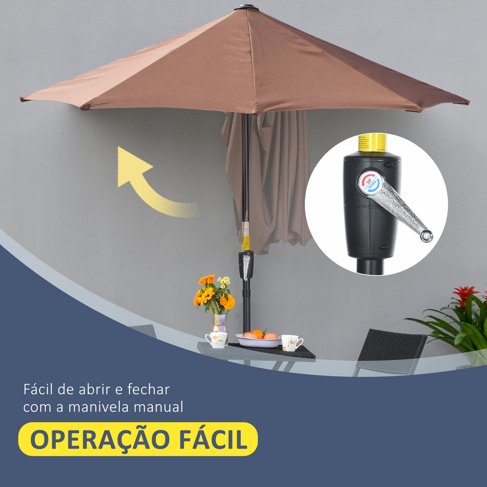 Chapéu de sol de parede 200x190x240 cm com manivela poste de aço e base cruzada anti-UV para terraço varanda castanho