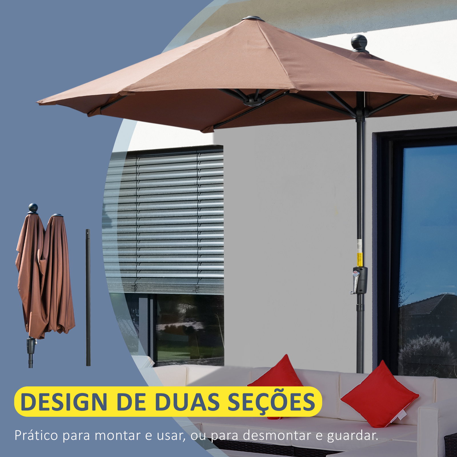 Chapéu de sol de parede 200x190x240 cm com manivela poste de aço e base cruzada anti-UV para terraço varanda castanho