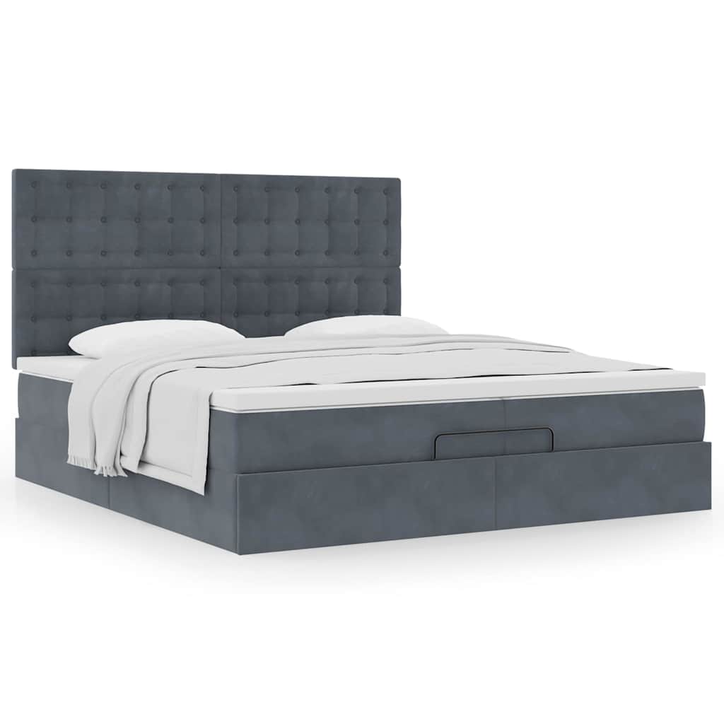 Moldura de cama otomana com colchão cinza escuro veludo