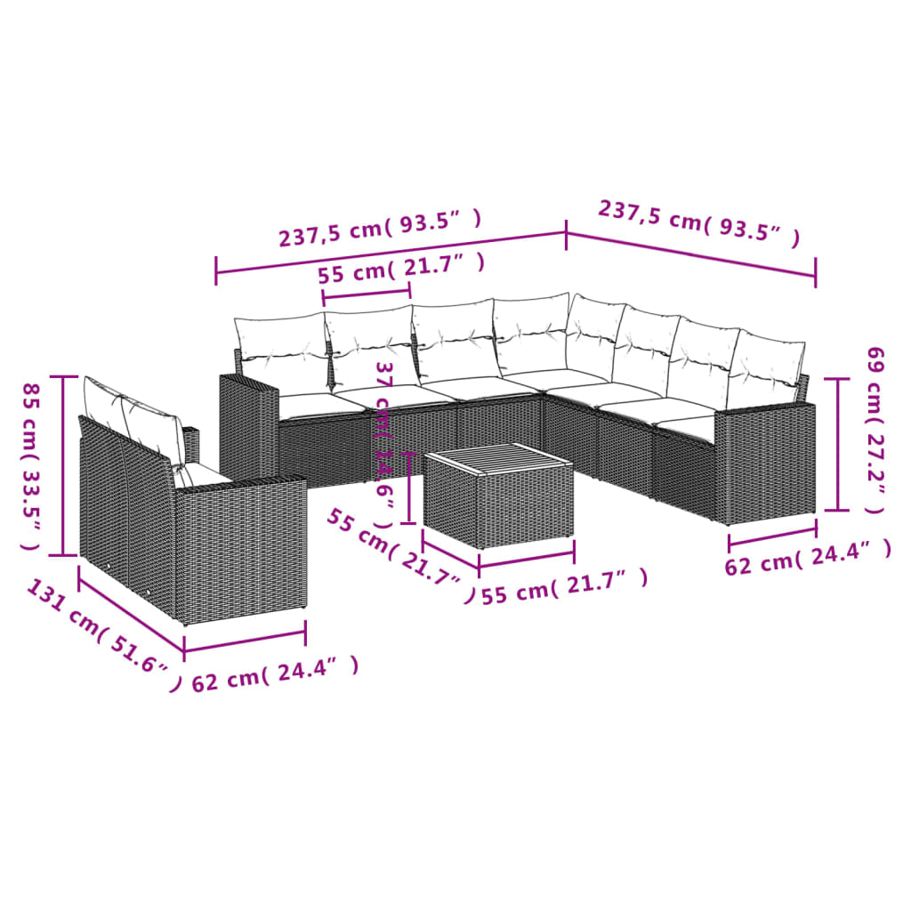 10 Pcs conjunto sofás de jardim c/ almofadões vime PE preto