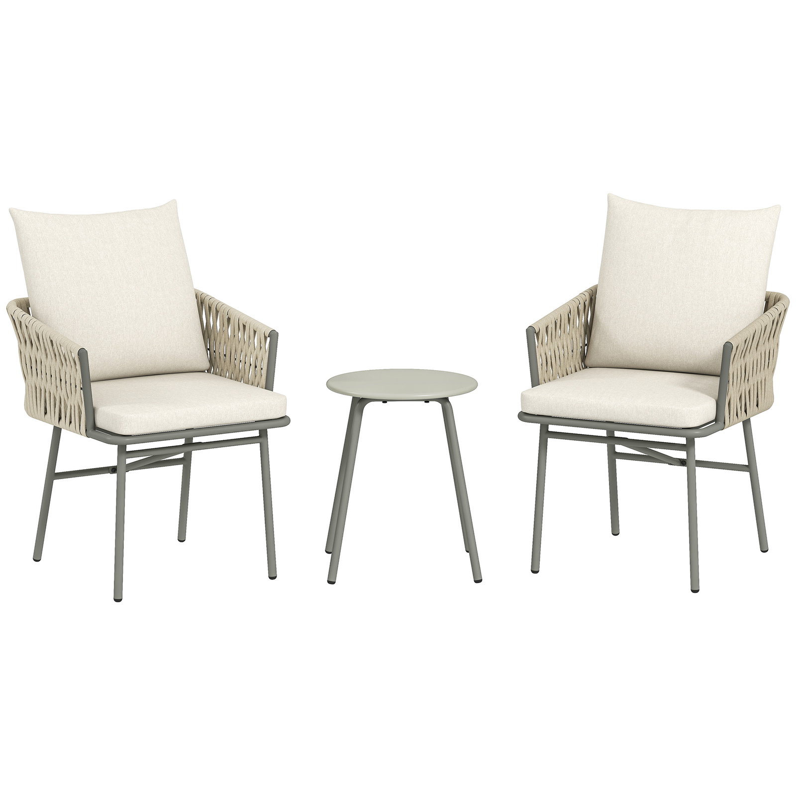 Conjunto de jardim de 3 peças com 2 cadeiras com almofadas removíveis e laváveis e mesa com bancada de metal cinza e creme