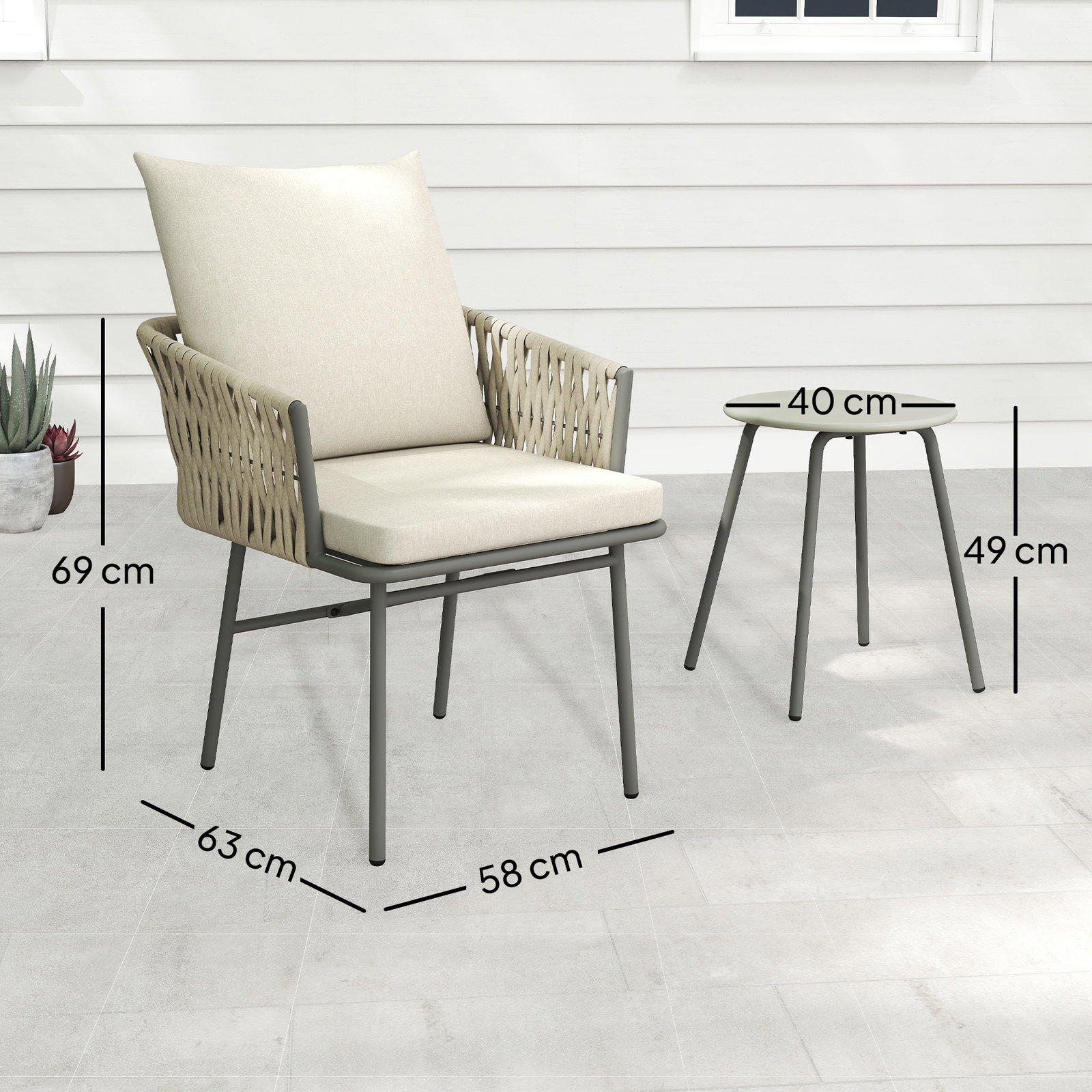 Conjunto de jardim de 3 peças com 2 cadeiras com almofadas removíveis e laváveis e mesa com bancada de metal cinza e creme