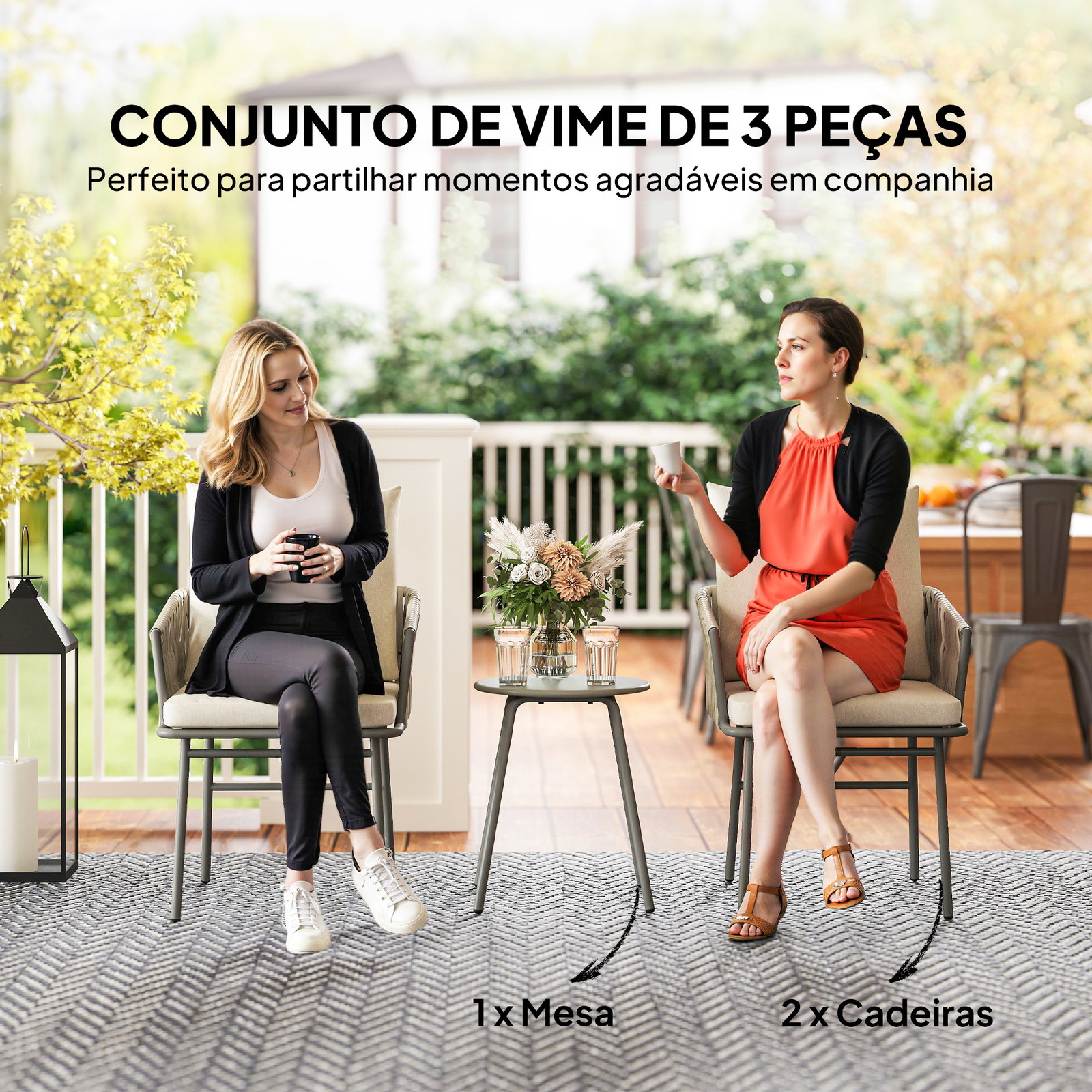 Conjunto de jardim de 3 peças com 2 cadeiras com almofadas removíveis e laváveis e mesa com bancada de metal cinza e creme