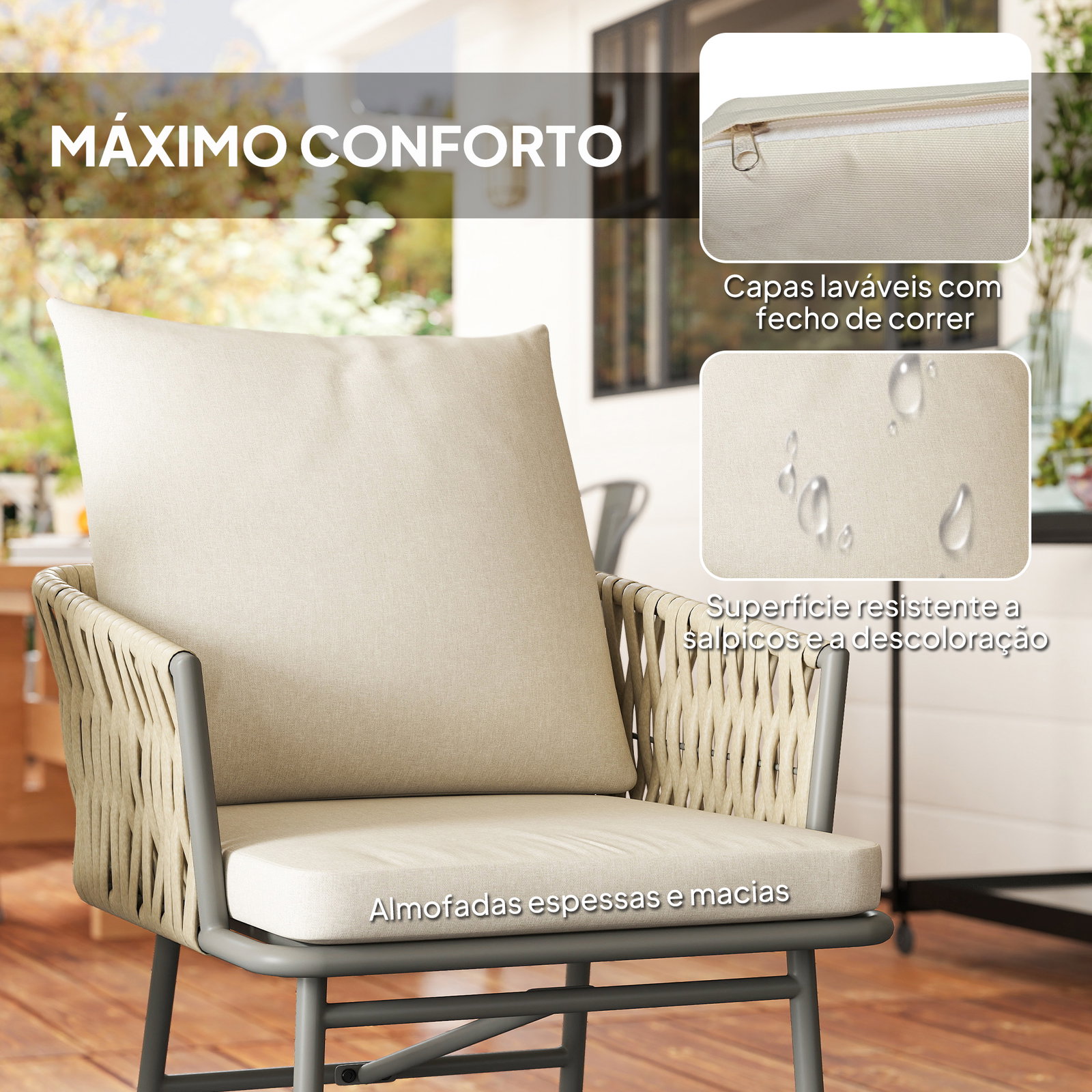 Conjunto de jardim de 3 peças com 2 cadeiras com almofadas removíveis e laváveis e mesa com bancada de metal cinza e creme