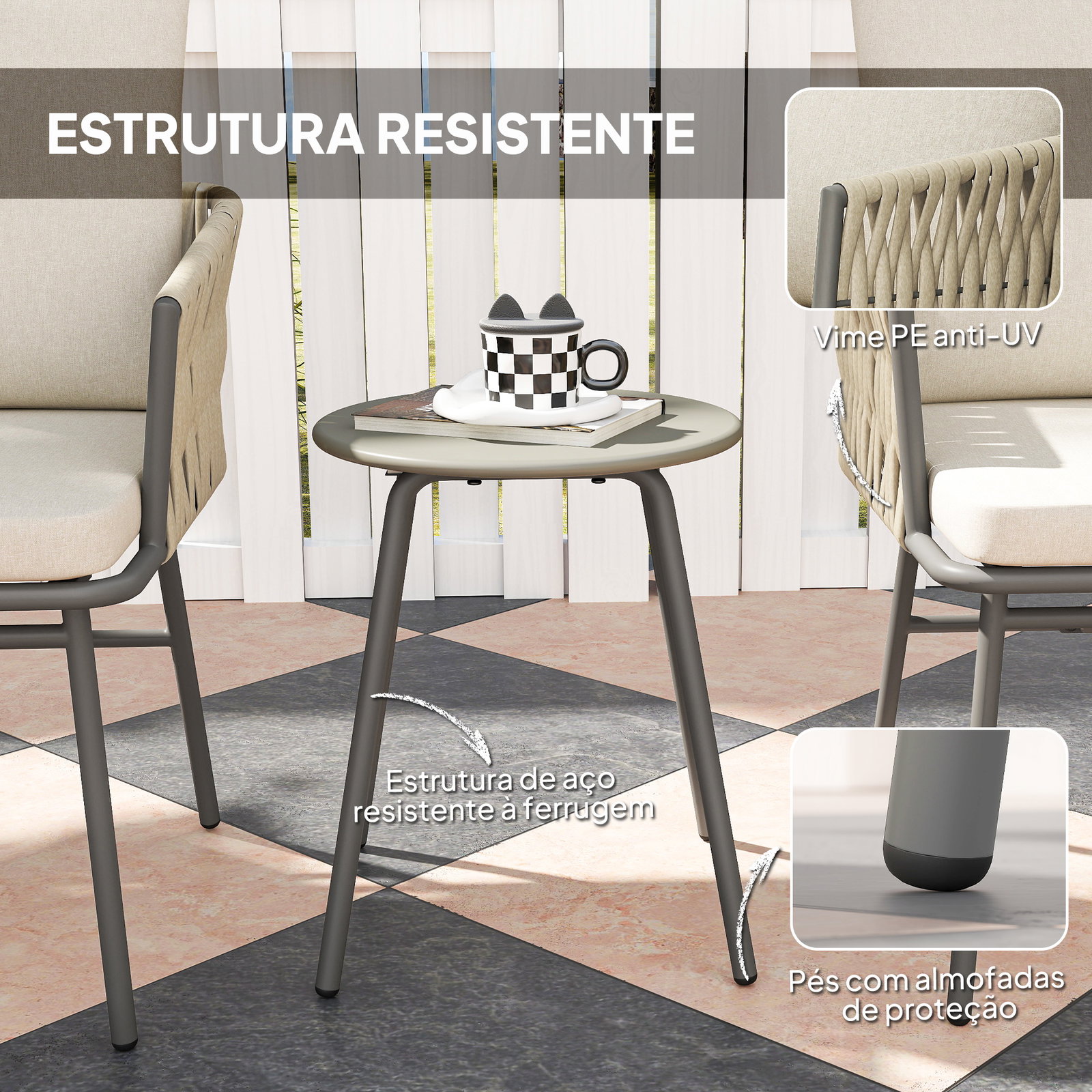 Conjunto de jardim de 3 peças com 2 cadeiras com almofadas removíveis e laváveis e mesa com bancada de metal cinza e creme