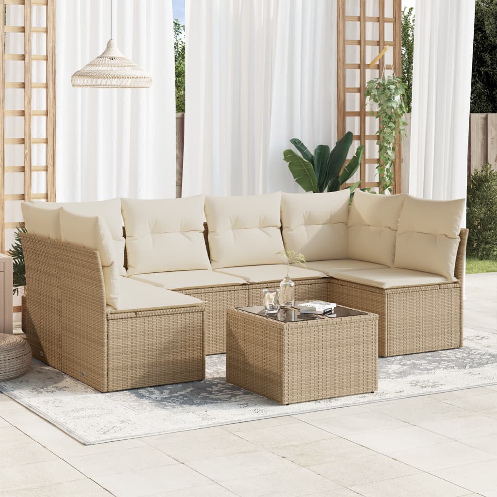 7 Pcs conjunto de sofás p/ jardim com almofadões vime PE bege