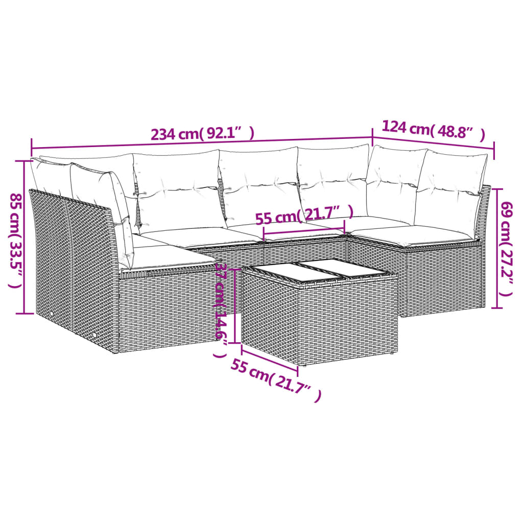 7 Pcs conjunto de sofás p/ jardim com almofadões vime PE bege
