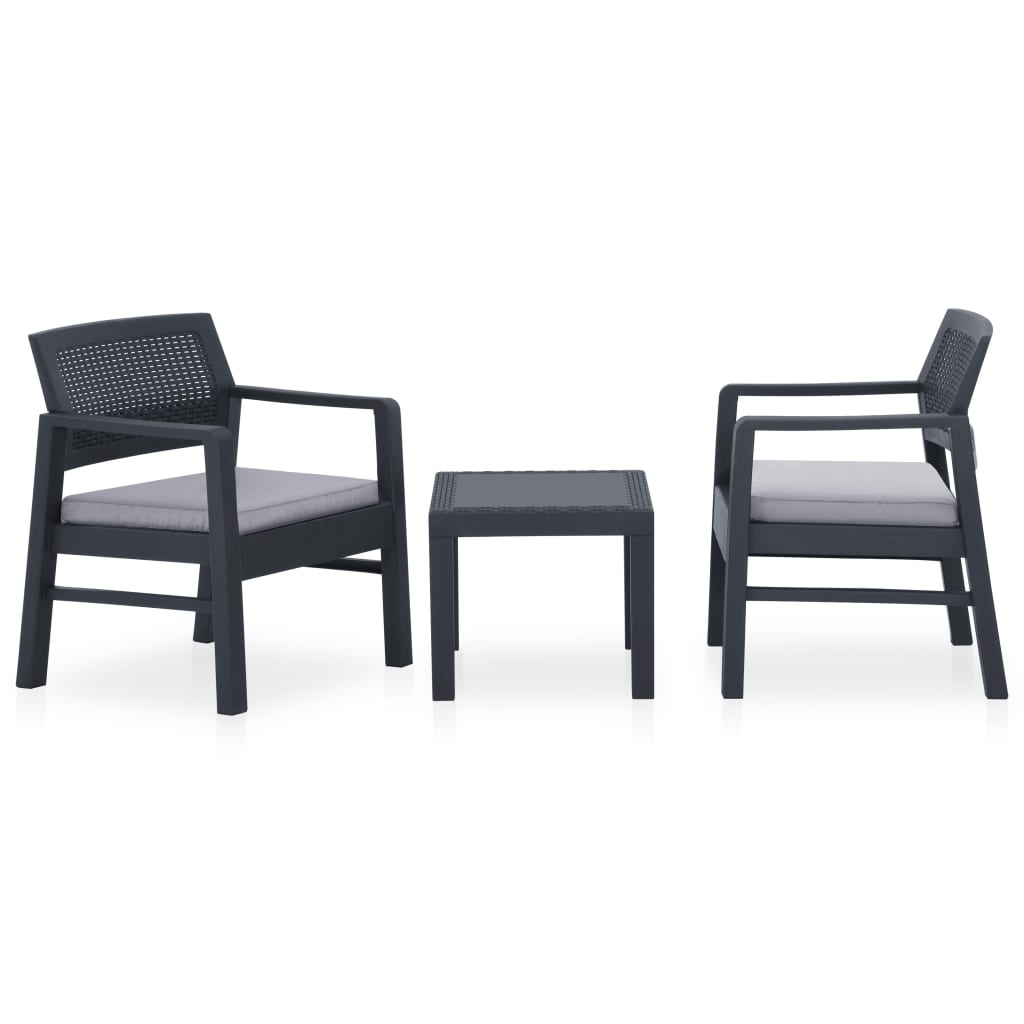 3 Pcs conjunto lounge de jardim c/ almofadões plástico cinzento