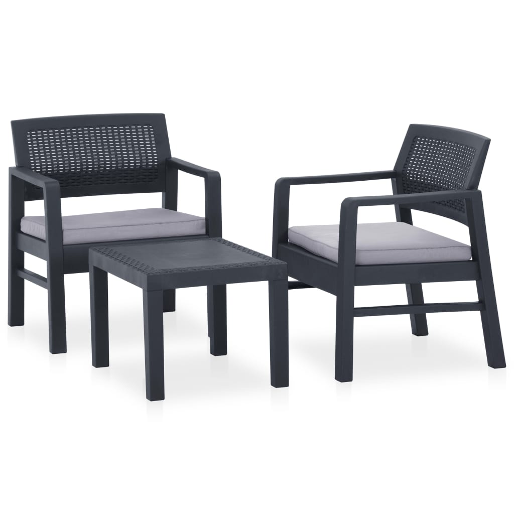 3 Pcs conjunto lounge de jardim c/ almofadões plástico cinzento