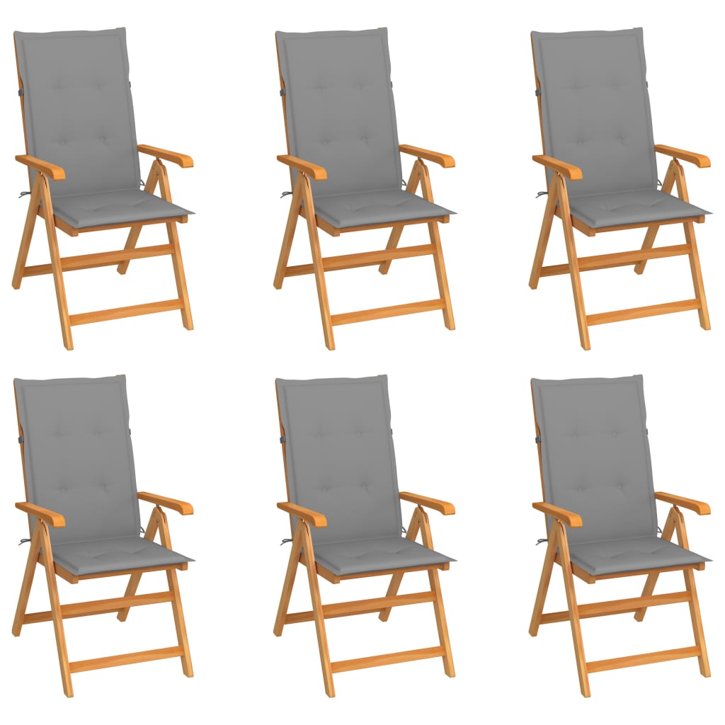 Cadeiras de jardim c/ almofadões cinzentos 6 pcs teca maciça