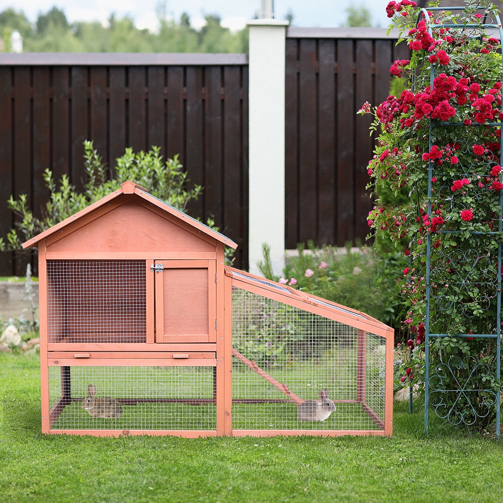 Casa para coelhos de madeira coelheira para exterior teto de tela de asfáltica 144x64,5x100 cm madeira
