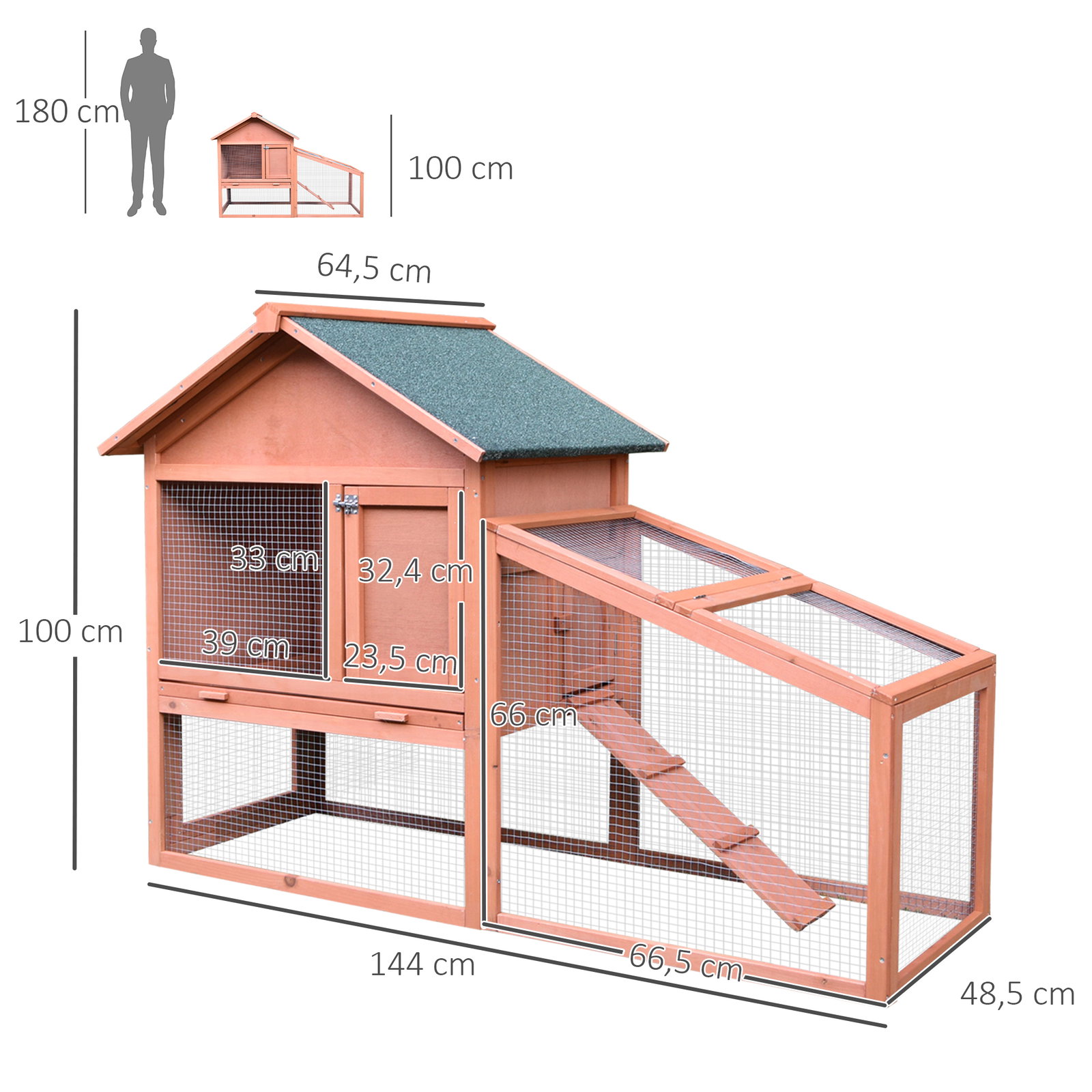 Casa para coelhos de madeira coelheira para exterior teto de tela de asfáltica 144x64,5x100 cm madeira