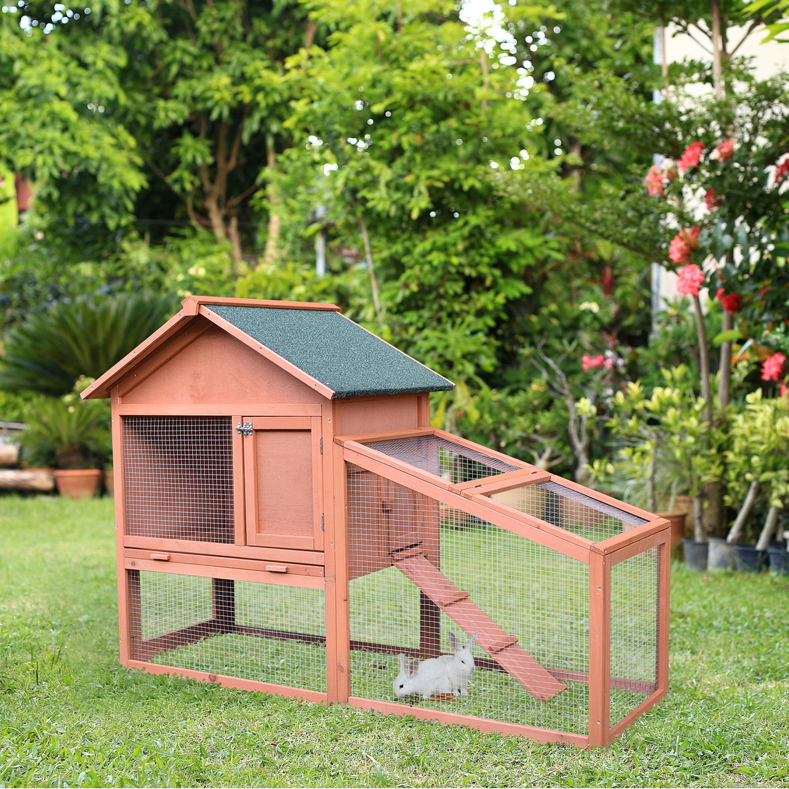 Casa para coelhos de madeira coelheira para exterior teto de tela de asfáltica 144x64,5x100 cm madeira