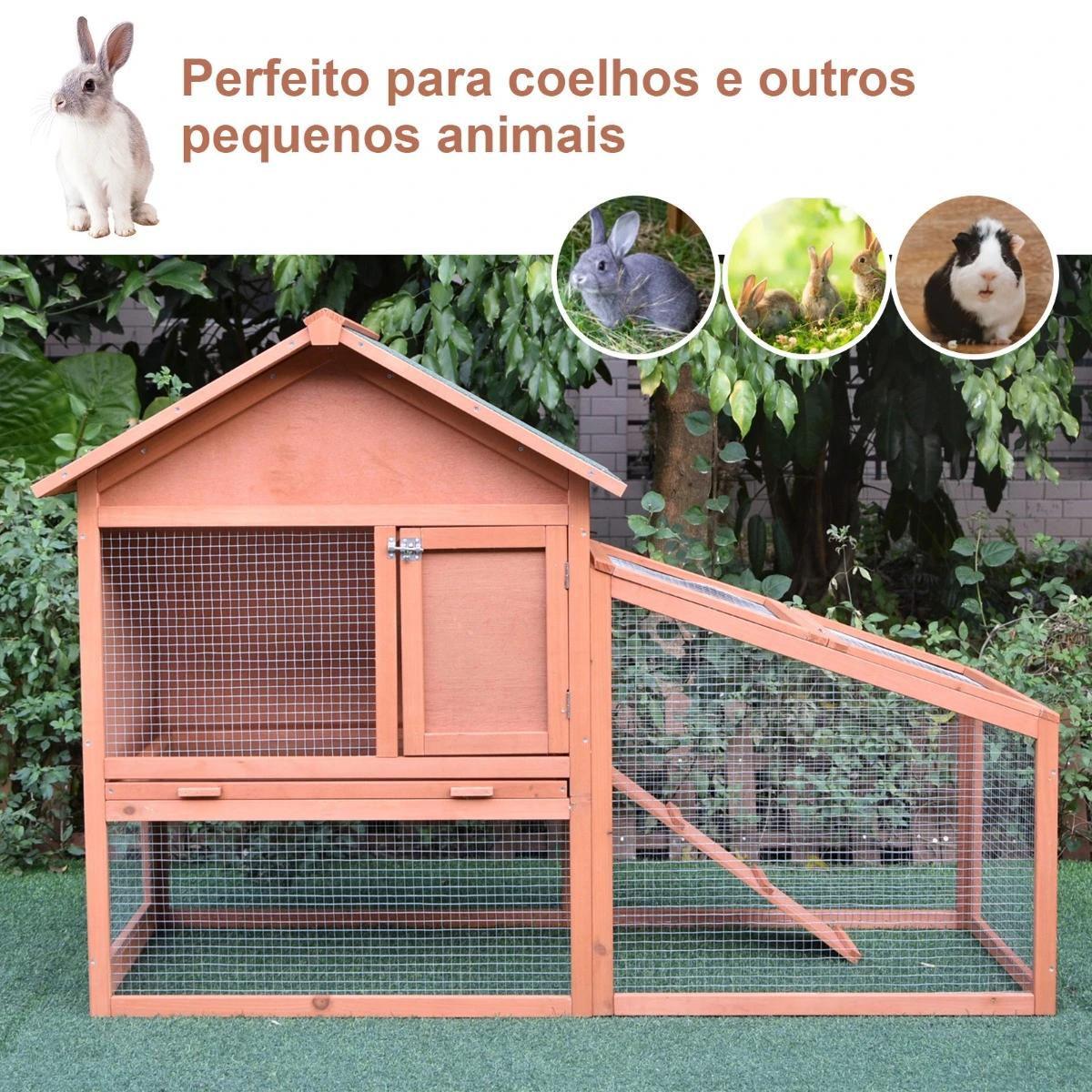 Casa para coelhos de madeira coelheira para exterior teto de tela de asfáltica 144x64,5x100 cm madeira