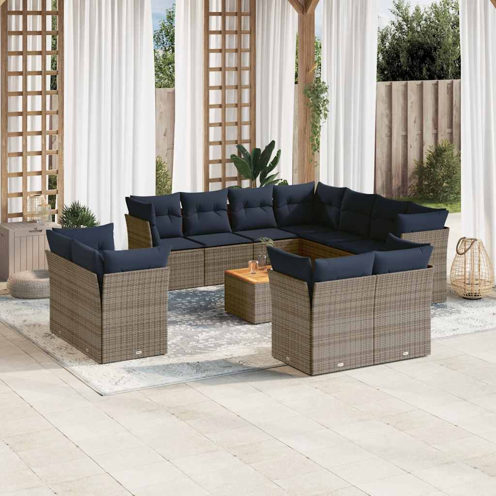 12 Pcs conjunto sofás p/ jardim c/ almofadões vime PE cinzento